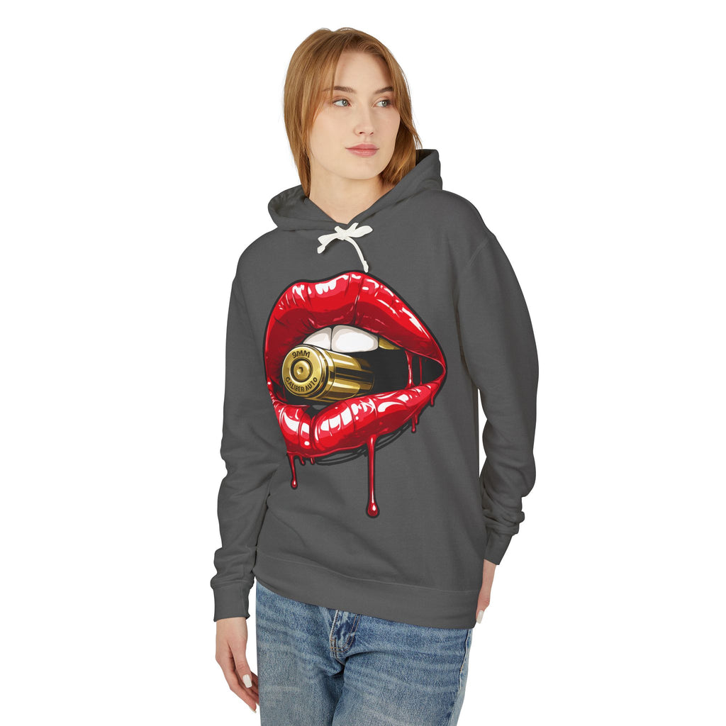 Graphic Hoodie — Red Dripping Lips Holding Bullet Print
