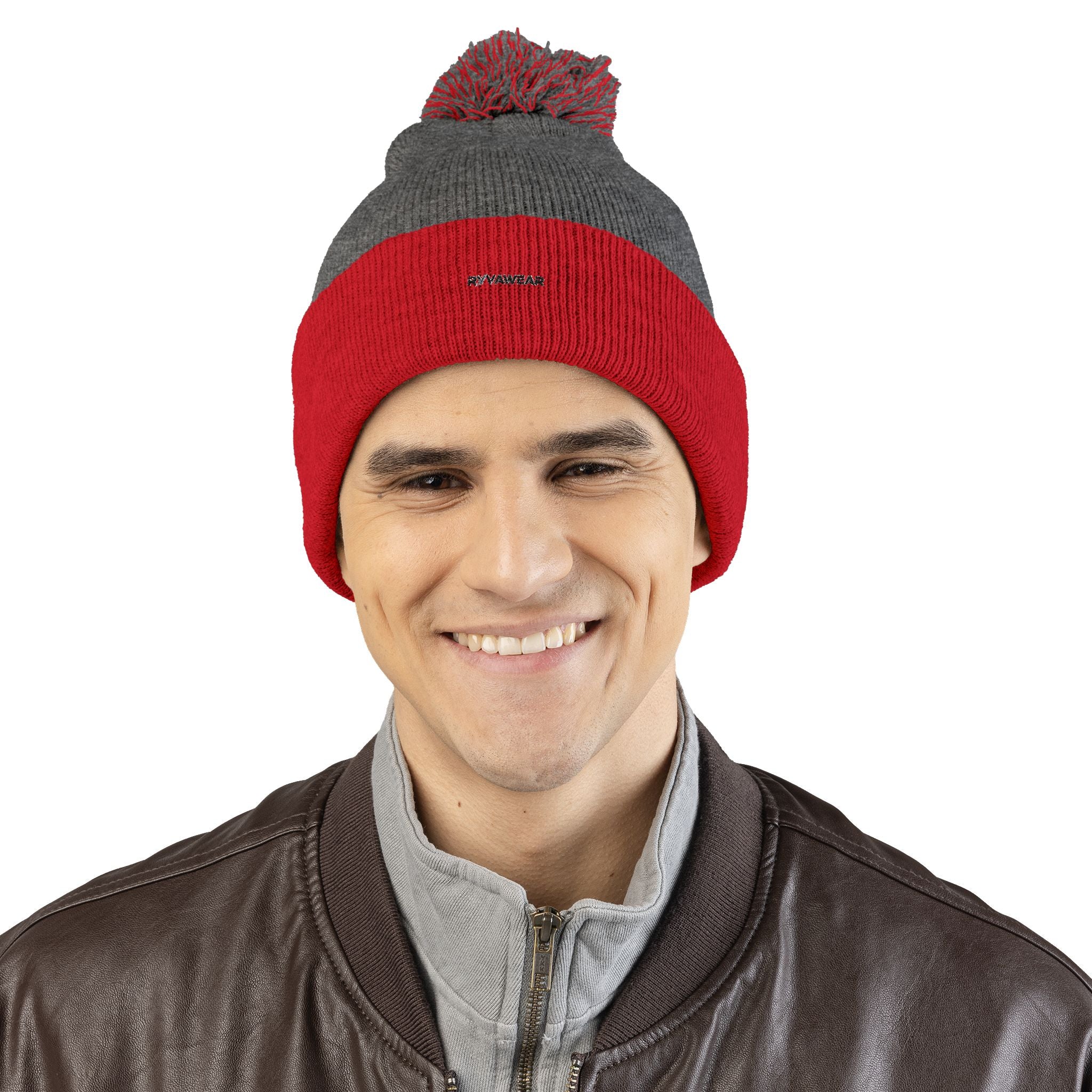 Embroidered Pom-Pom Knit Cap — Cozy Winter Beanie with Fold-Over Cuff