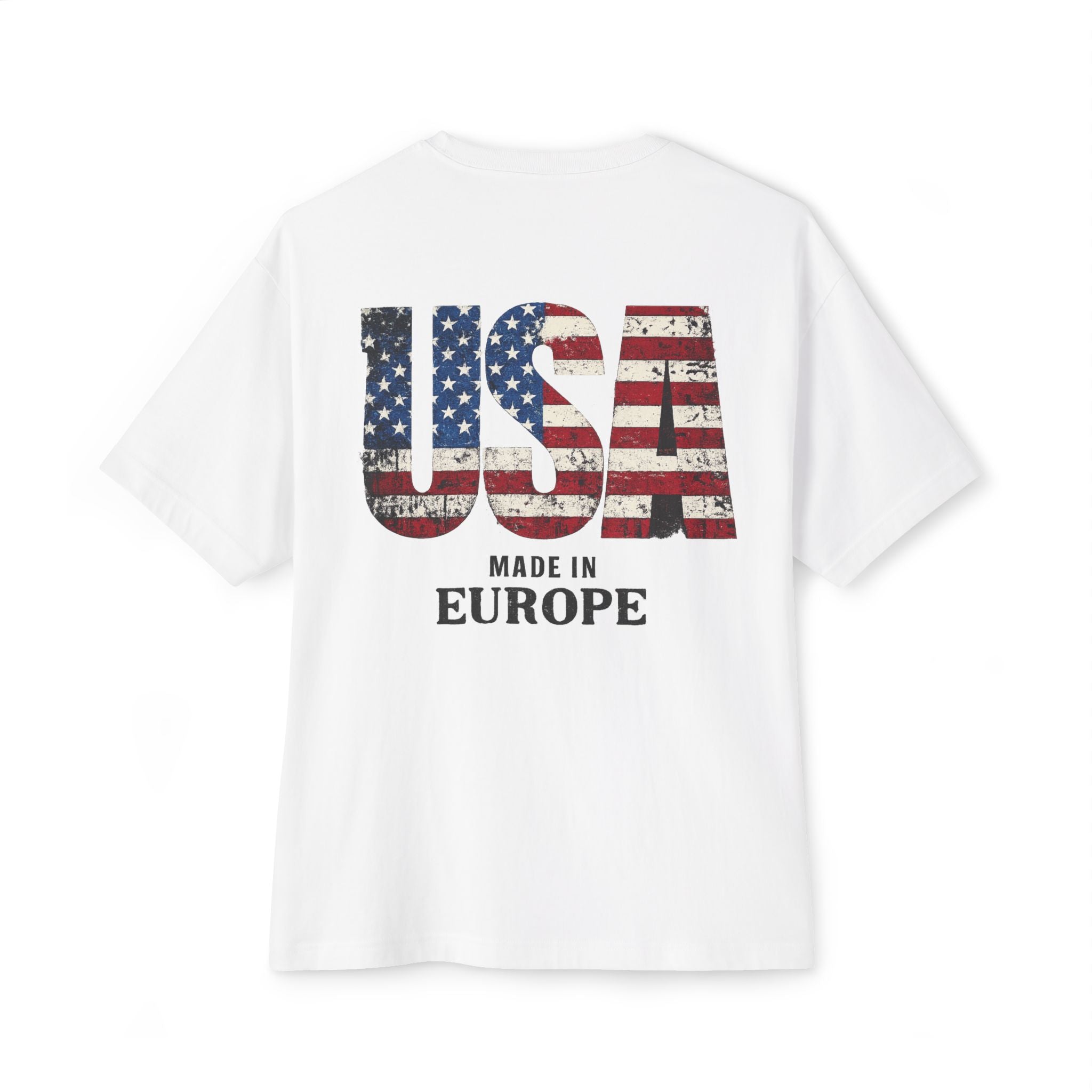 USA Flag Back Graphic Tee — "USA Made in Europe" Vintage Patriotic T‑Shirt