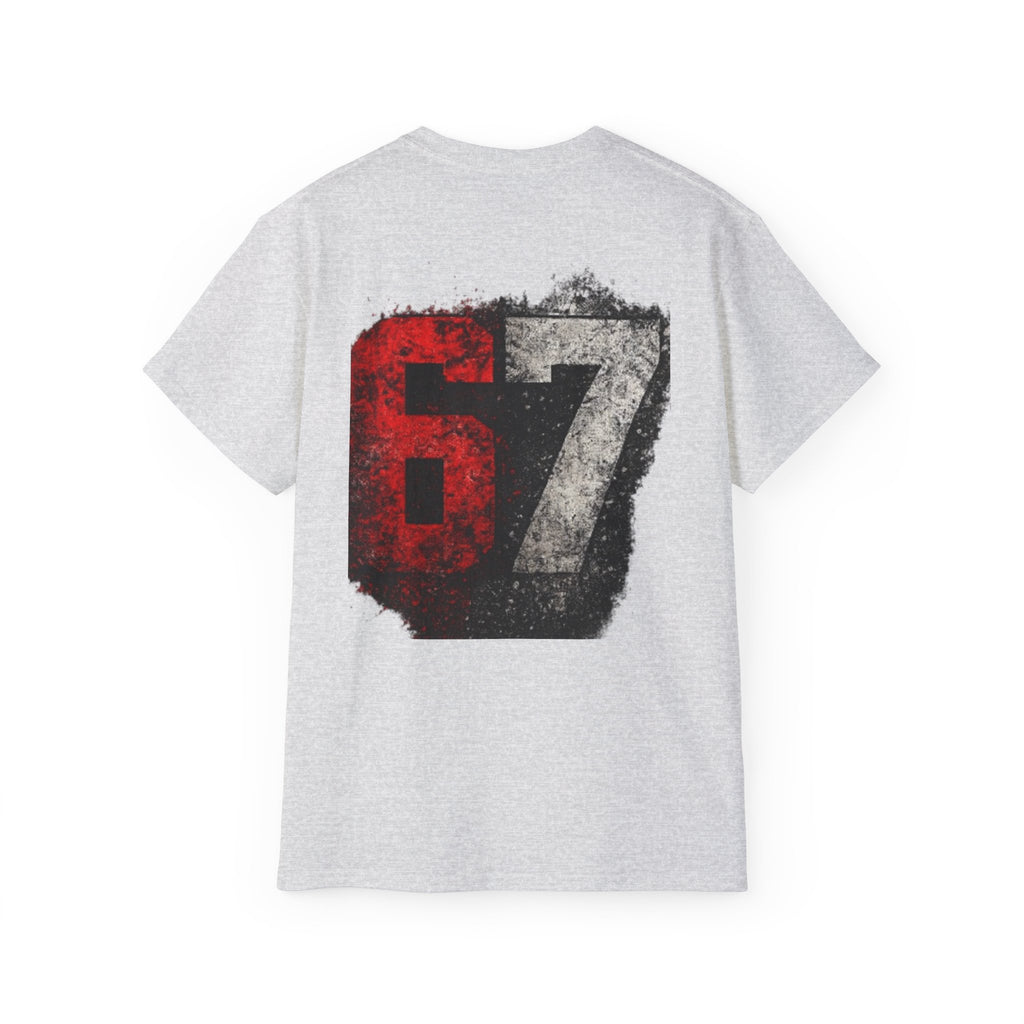 67 Distressed Racing Number Tee — Vintage Red & Gray Graphic T‑Shirt