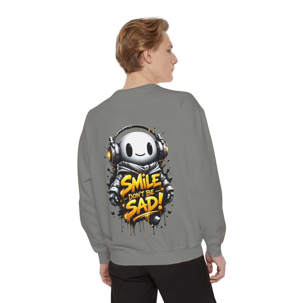 Smile Don't Be Sad Sweatshirt — Cute Headphone Character Graphic Crewneck