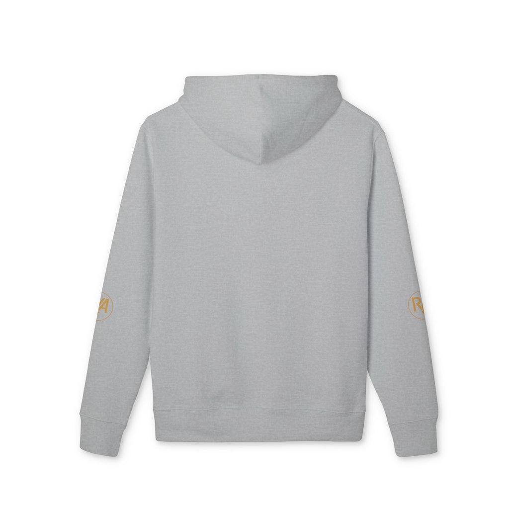 Minimalist Gold Logo Hoodie — White Crew Pullover with R/A Emblem
