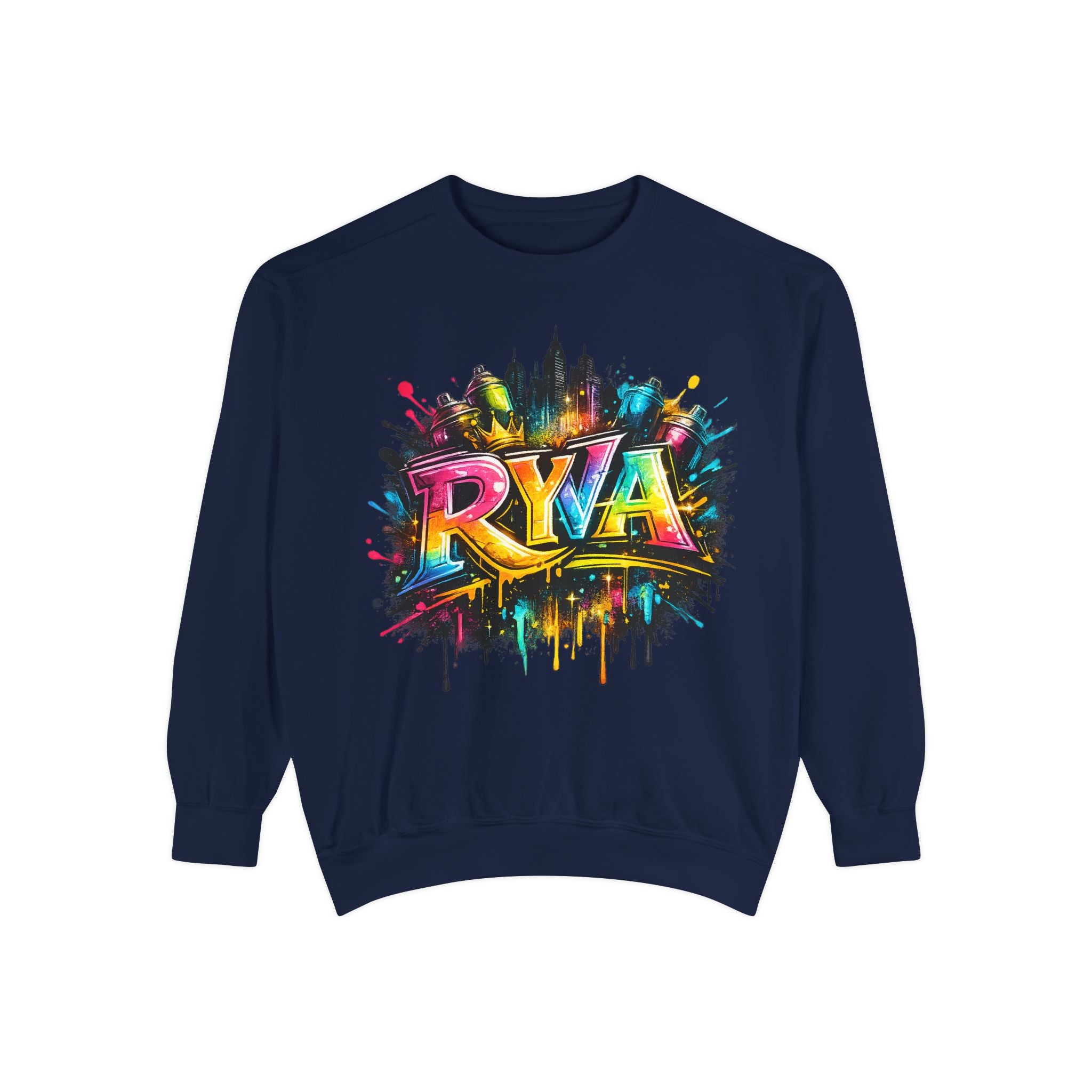 Graffiti Skyline Sweatshirt — Colorful "RYA" Urban Streetwear Crewneck
