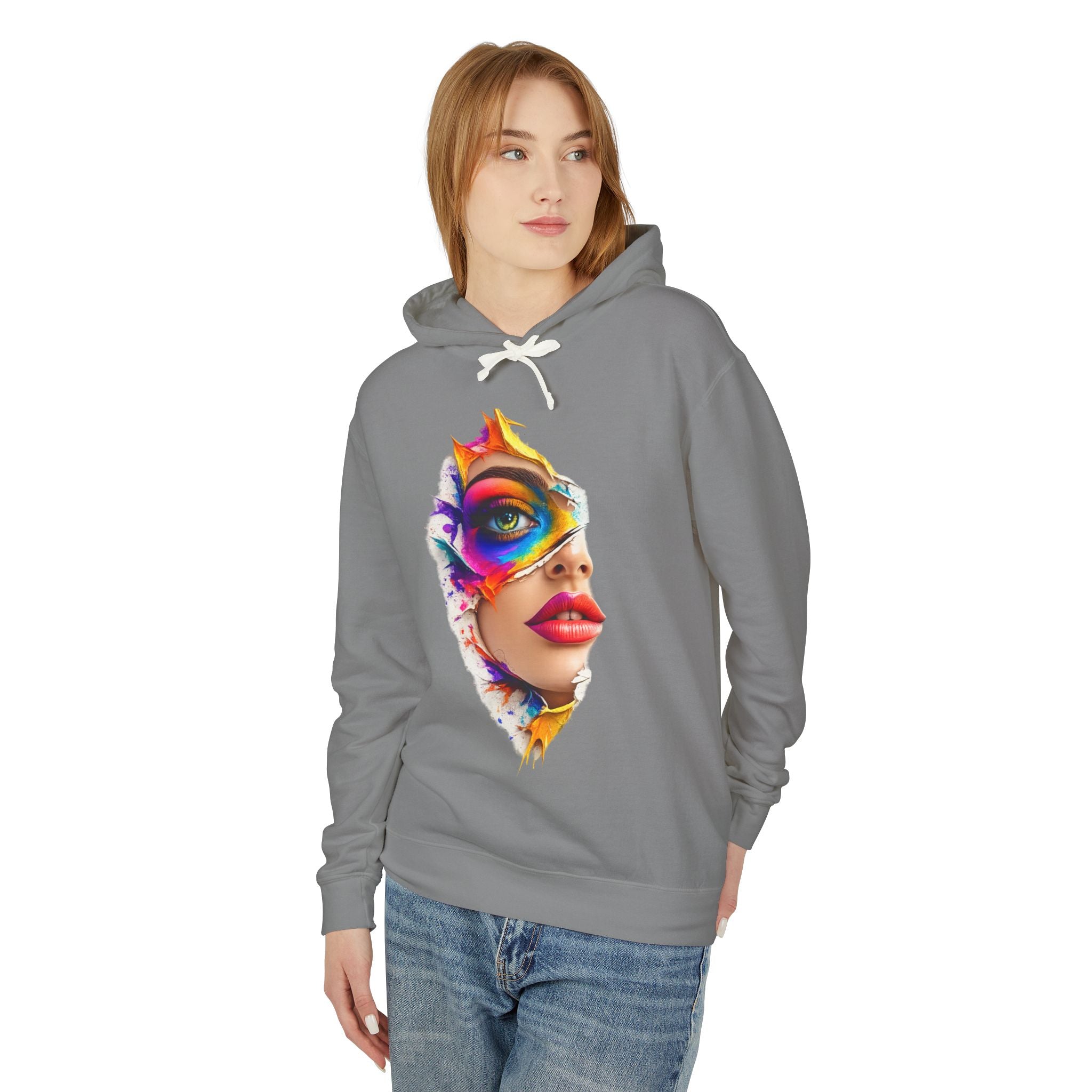Colorful Masked Woman Art Hoodie — Vibrant Abstract Face Print