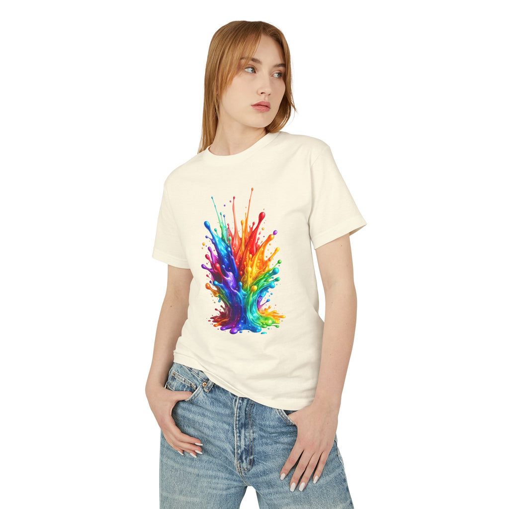 Rainbow Paint Splash T-Shirt — Vibrant Abstract Art Tee