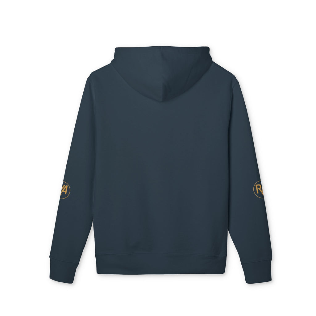 Minimalist Gold Logo Hoodie — White Crew Pullover with R/A Emblem