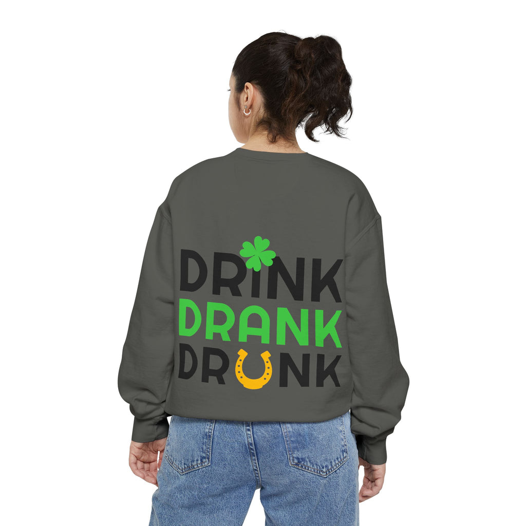 Drink Drank Drunk Sweatshirt — St. Patrick’s Day Shamrock & Horseshoe Crewneck