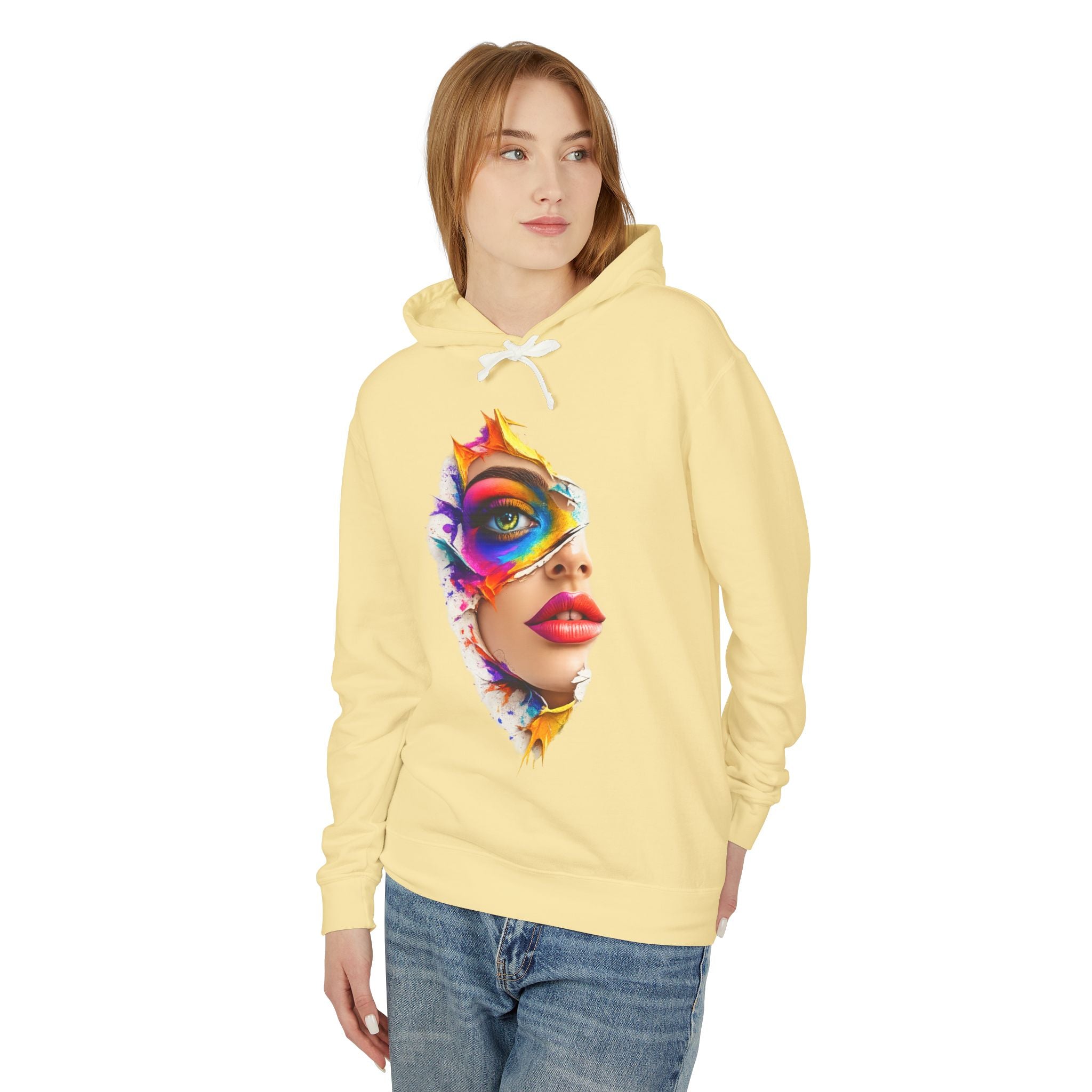 Colorful Masked Woman Art Hoodie — Vibrant Abstract Face Print