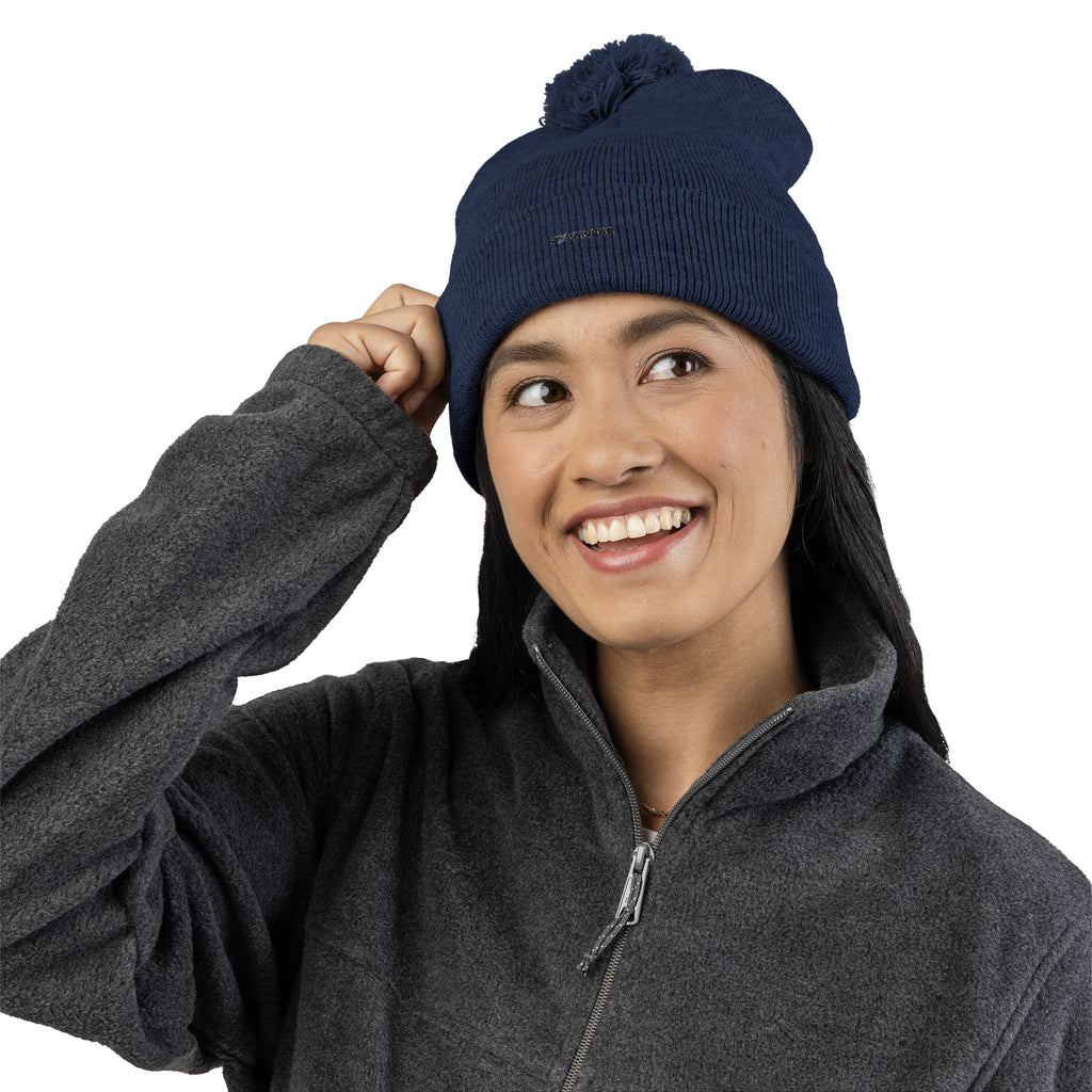 Embroidered Pom-Pom Knit Cap — Cozy Winter Beanie with Fold-Over Cuff