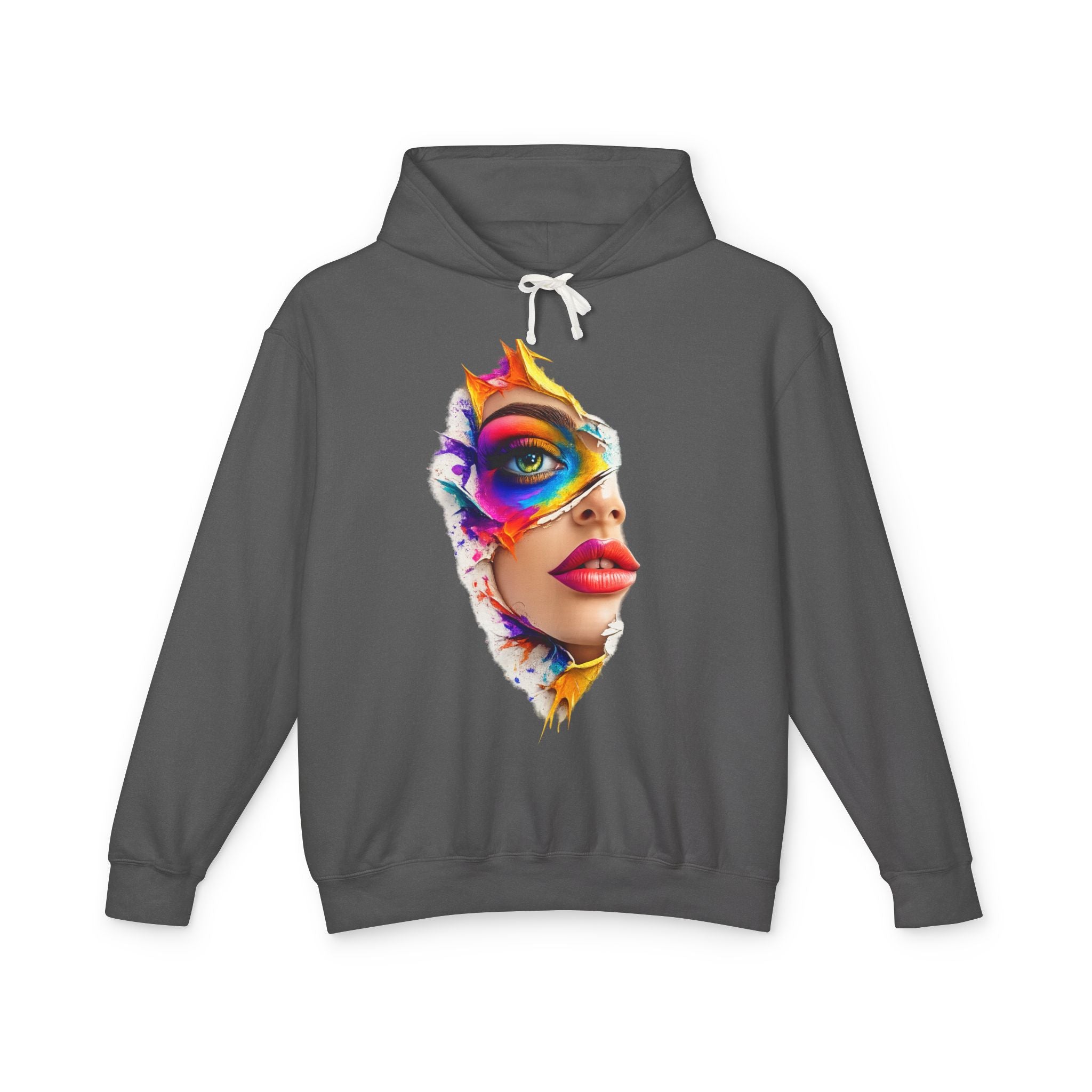 Colorful Masked Woman Art Hoodie — Vibrant Abstract Face Print