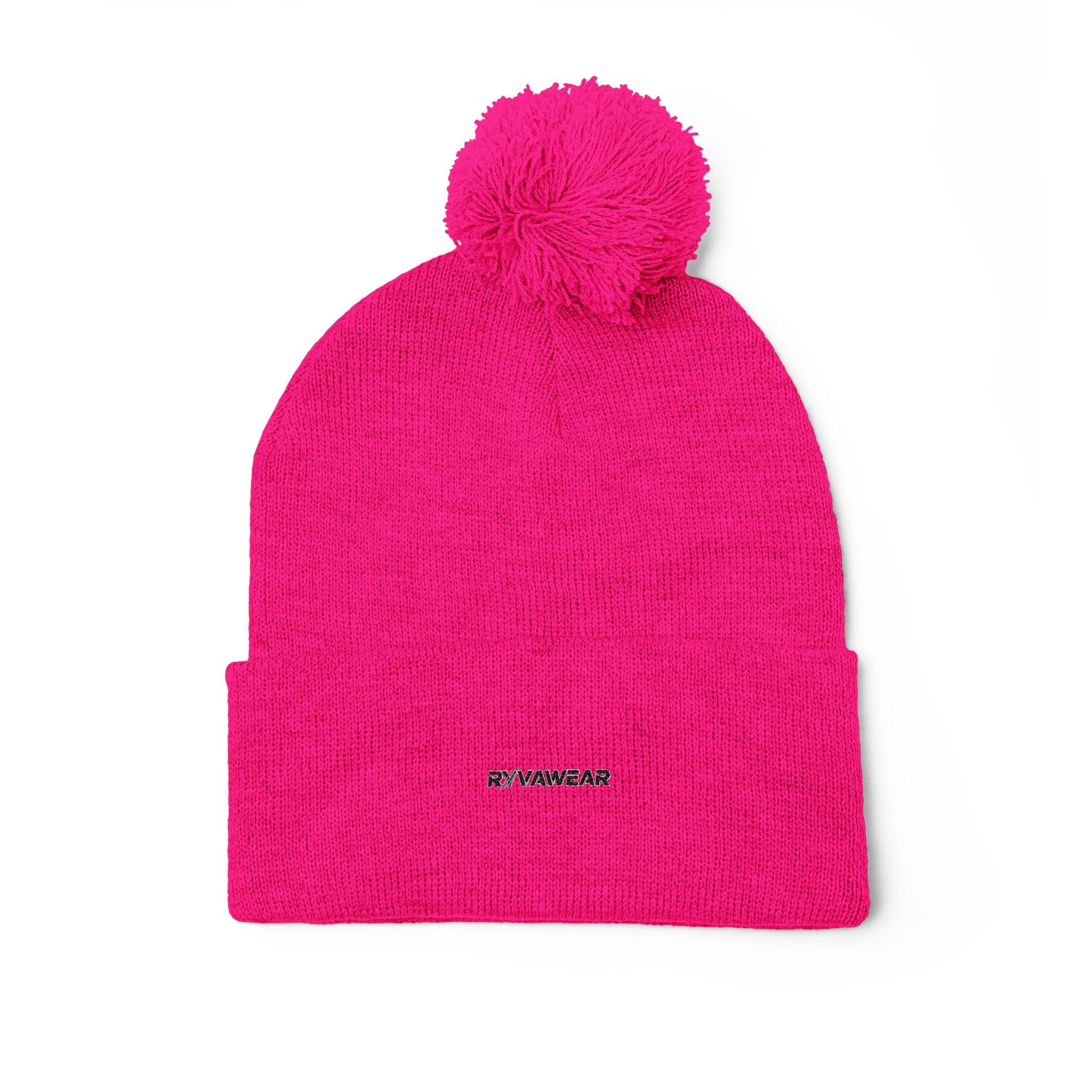 Embroidered Pom-Pom Knit Cap — Cozy Winter Beanie with Fold-Over Cuff