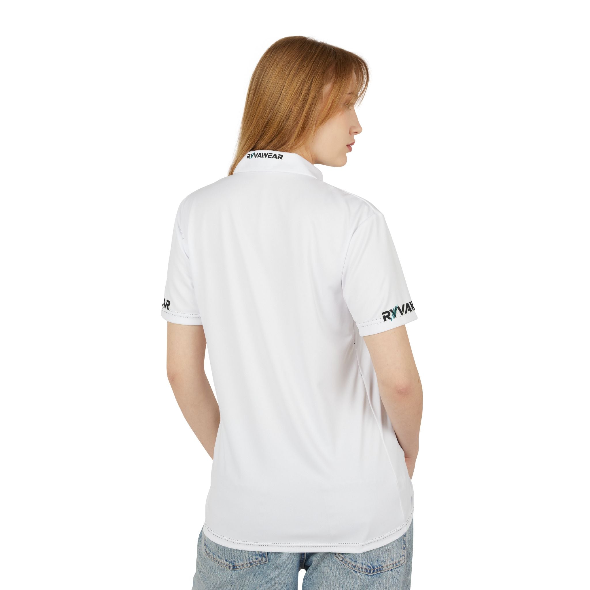 Minimal Logo Polo Shirt — White Performance Polo with 'RVNWEAR' Sleeve Branding