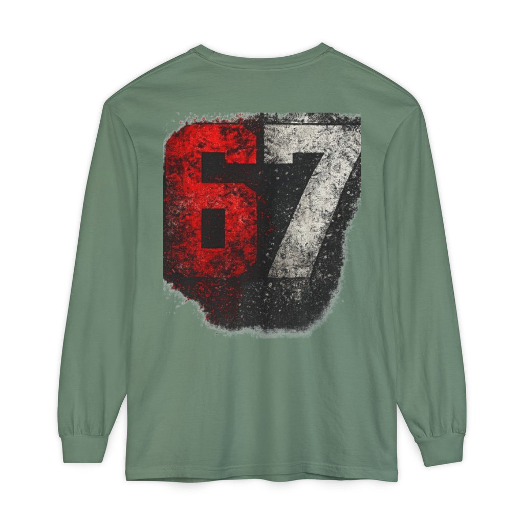 67 Graphic Long Sleeve T-Shirt — Distressed Red & Black Number Backprint