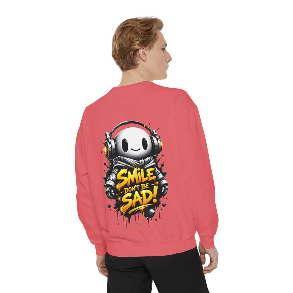 Smile Don't Be Sad Sweatshirt — Cute Headphone Character Graphic Crewneck
