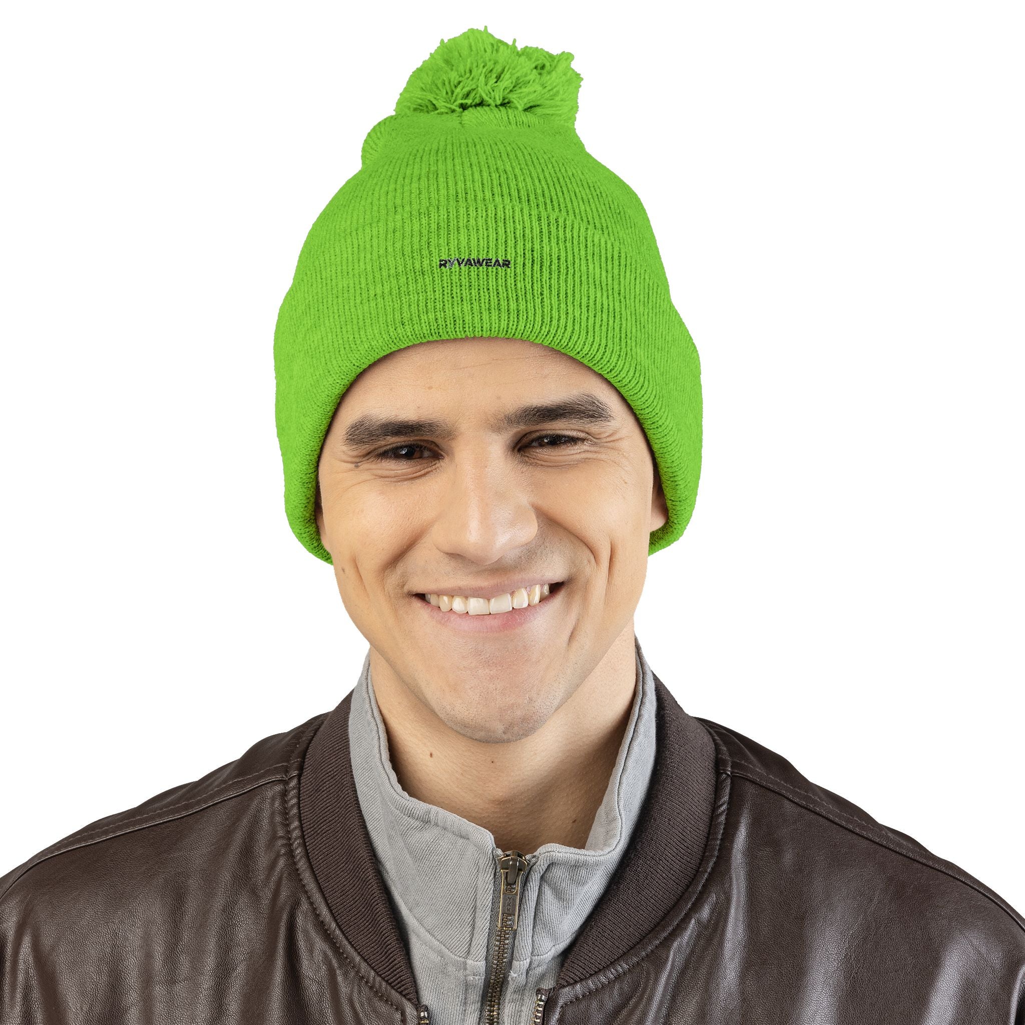 Embroidered Pom-Pom Knit Cap — Cozy Winter Beanie with Fold-Over Cuff