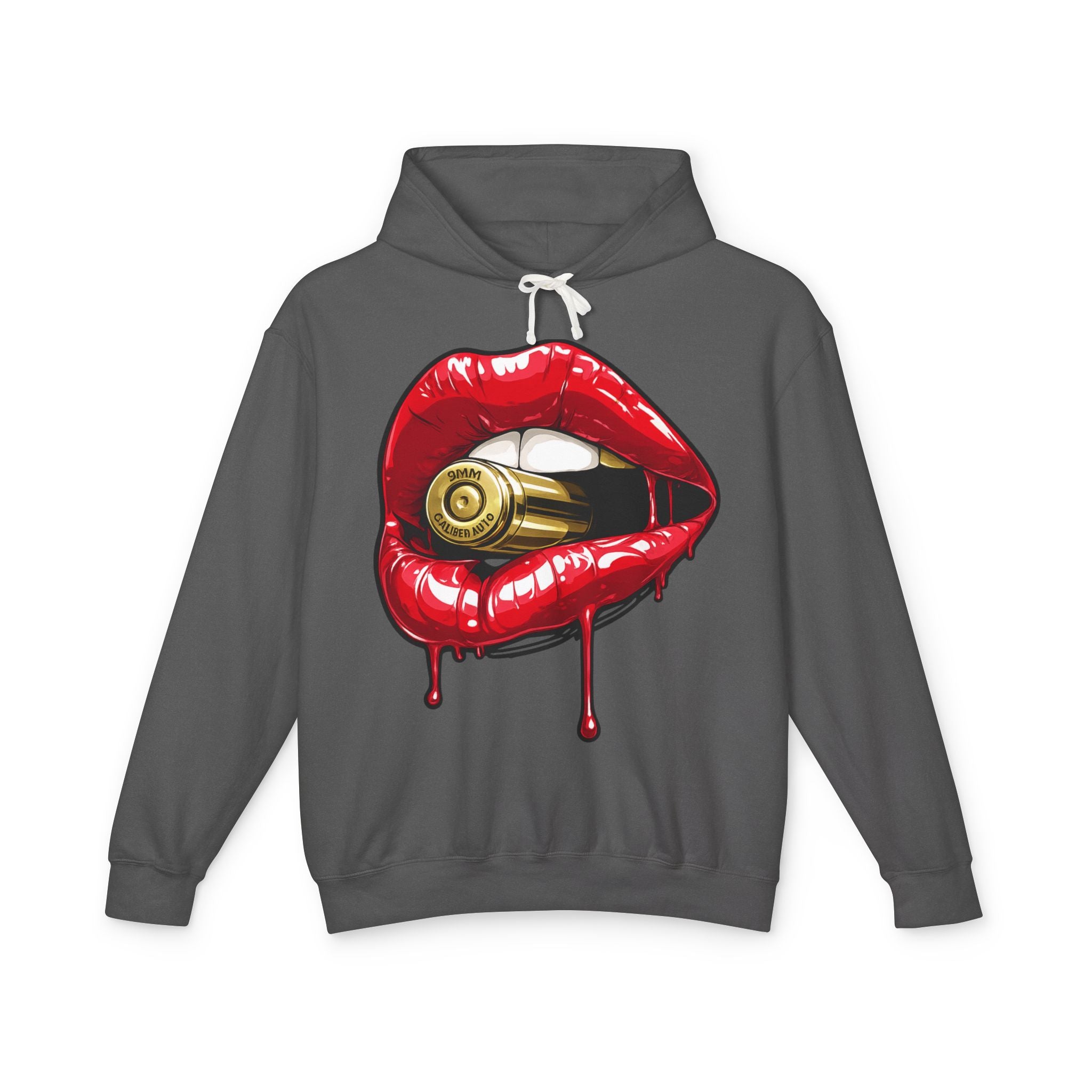 Graphic Hoodie — Red Dripping Lips Holding Bullet Print