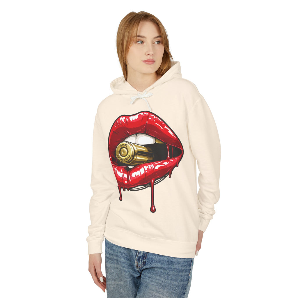 Graphic Hoodie — Red Dripping Lips Holding Bullet Print