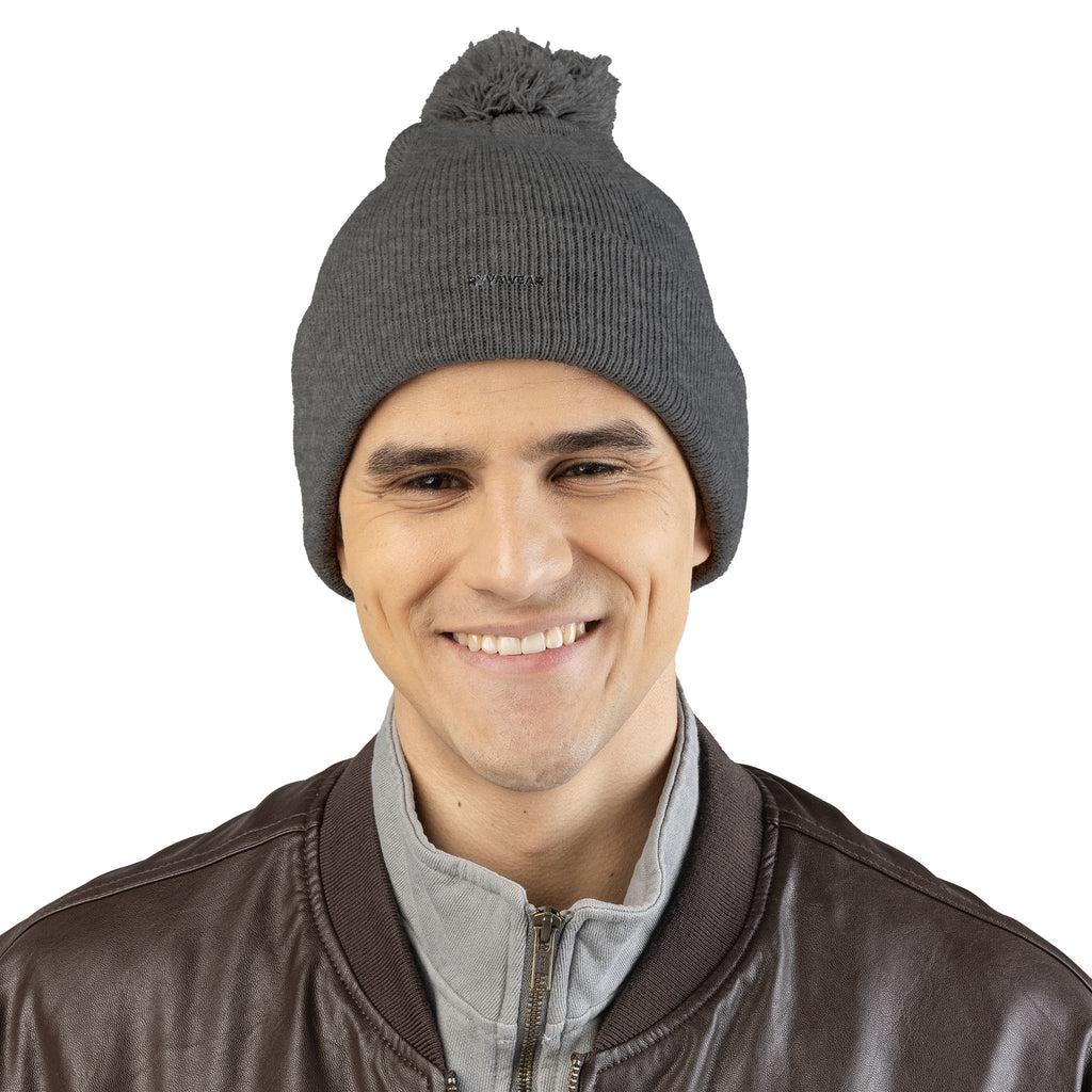 Embroidered Pom-Pom Knit Cap — Cozy Winter Beanie with Fold-Over Cuff