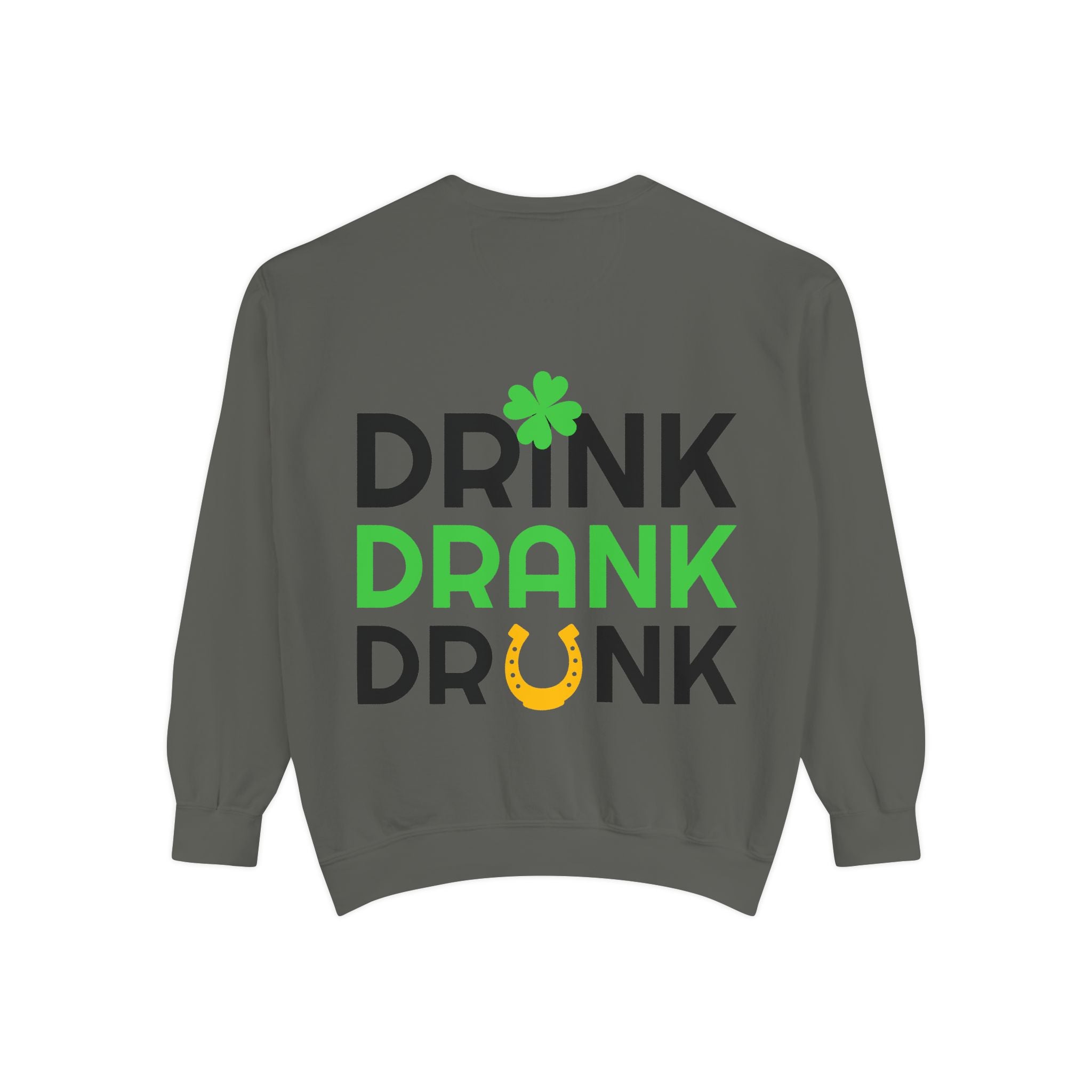 Drink Drank Drunk Sweatshirt — St. Patrick’s Day Shamrock & Horseshoe Crewneck