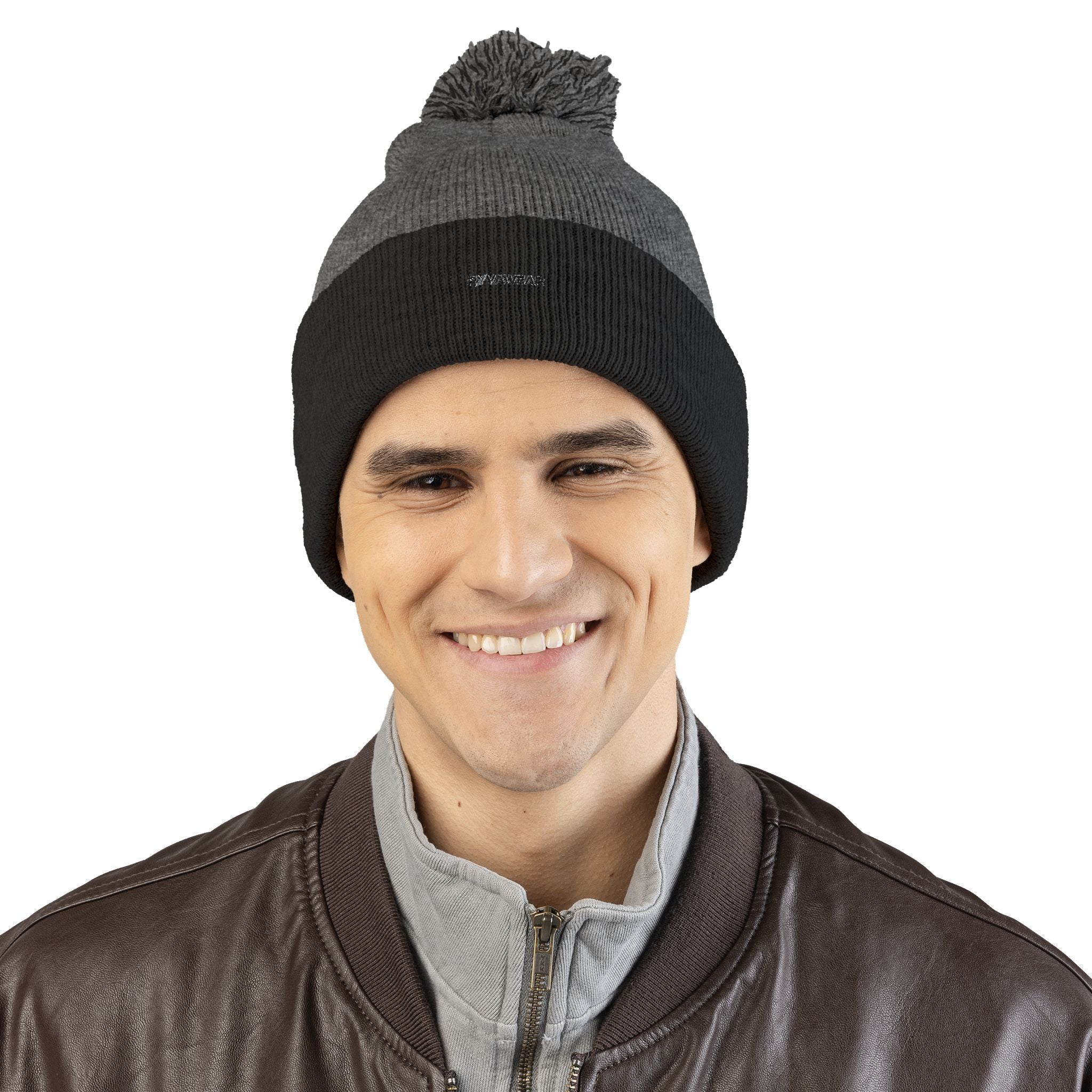 Embroidered Pom-Pom Knit Cap — Cozy Winter Beanie with Fold-Over Cuff