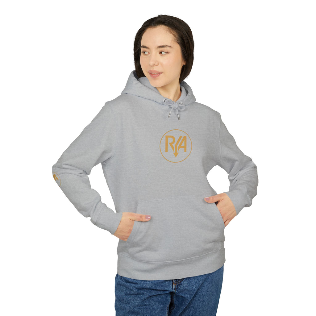 Minimal Gold Logo Hoodie — White Casual Pullover with Subtle Sleeve Emblems