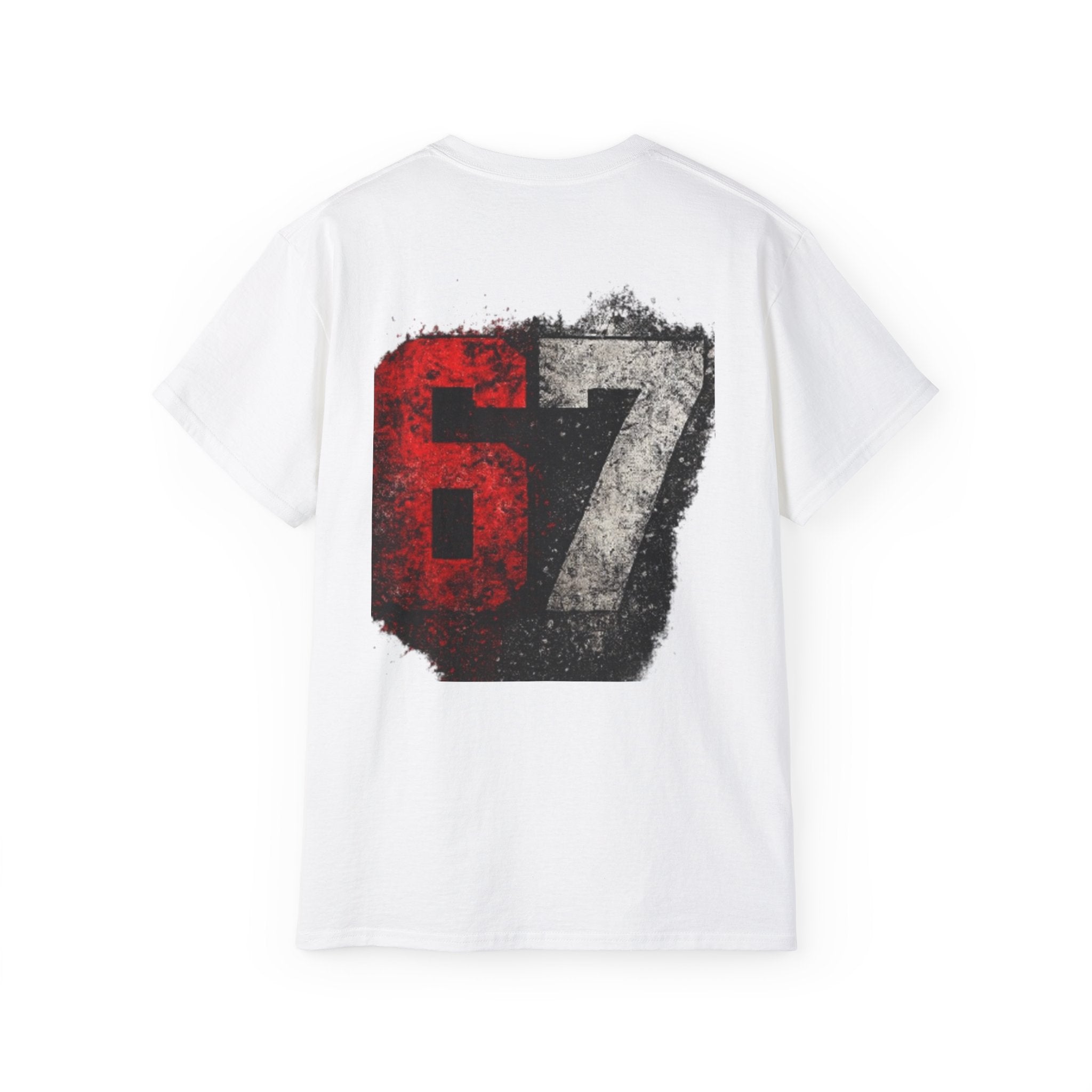 67 Distressed Racing Number Tee — Vintage Red & Gray Graphic T‑Shirt
