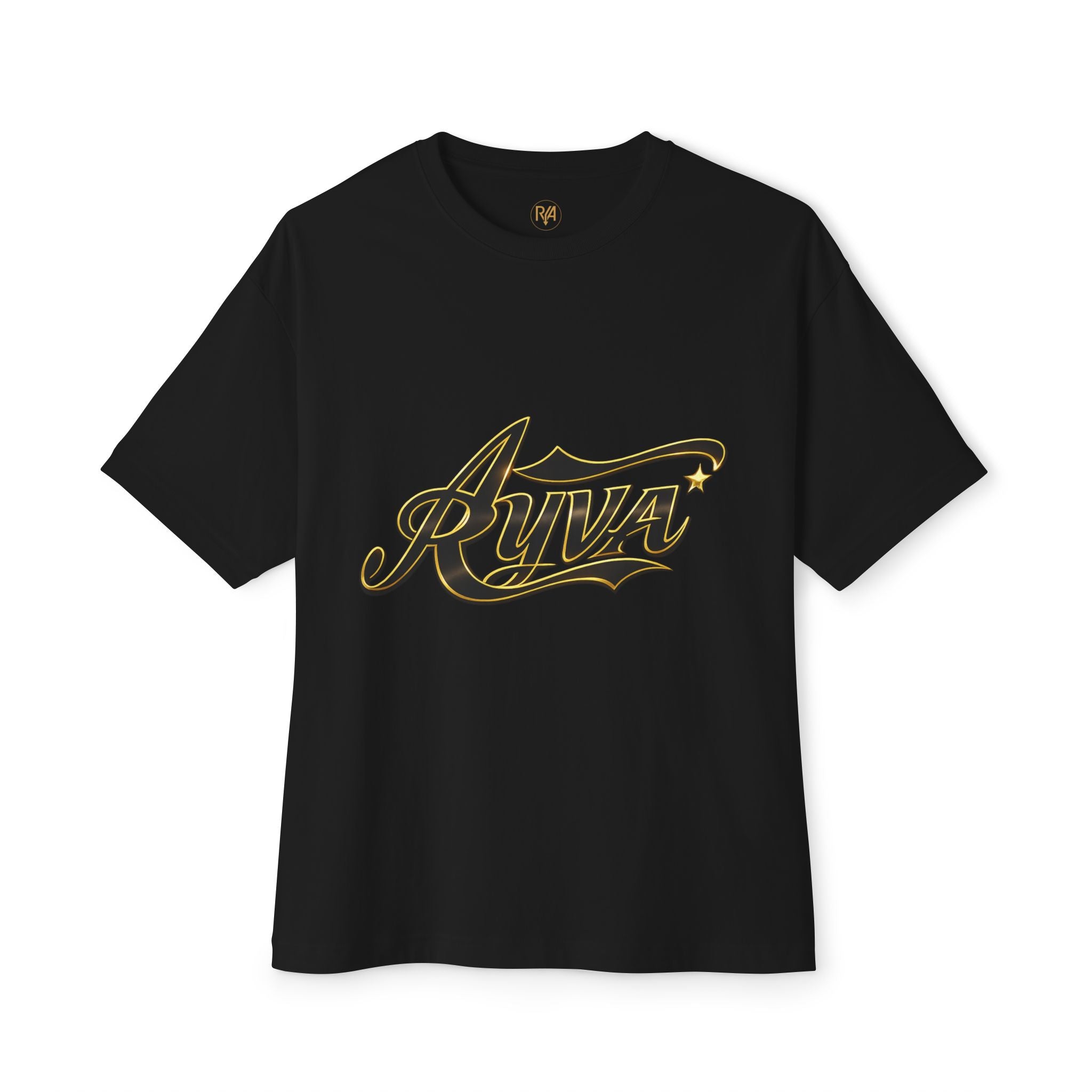 Ayva Script Logo Tee — Oversized Boxy White T‑Shirt with Gold Accent