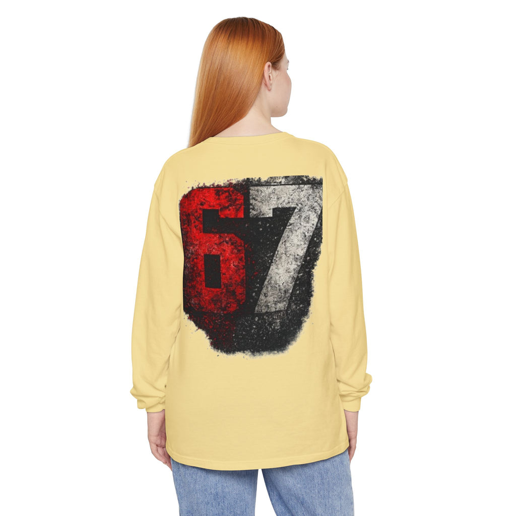 67 Graphic Long Sleeve T-Shirt — Distressed Red & Black Number Backprint