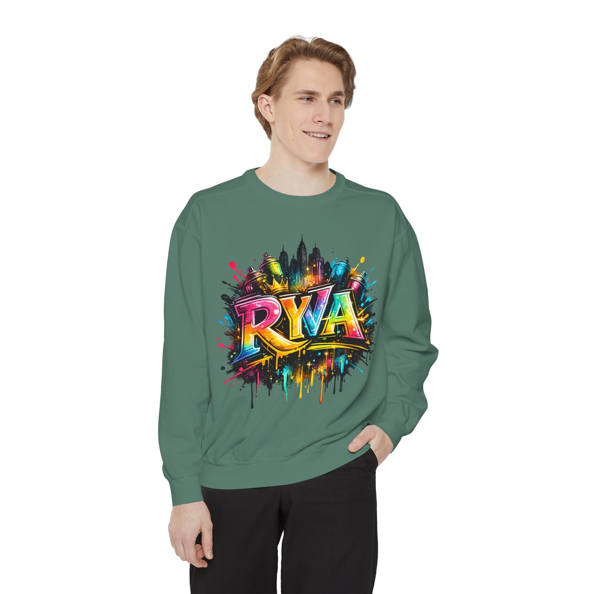 Graffiti Skyline Sweatshirt — Colorful "RYA" Urban Streetwear Crewneck