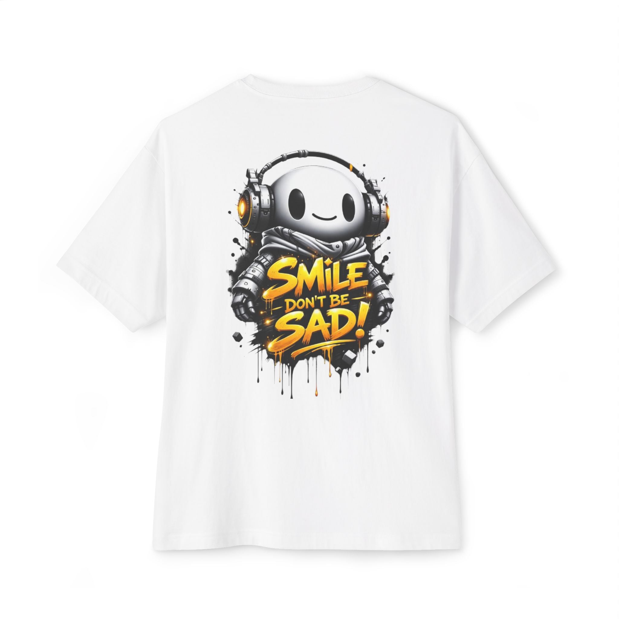 Smile Don't Be Sad Graphic Tee — Oversized Boxy White T-Shirt with Headphone Character
