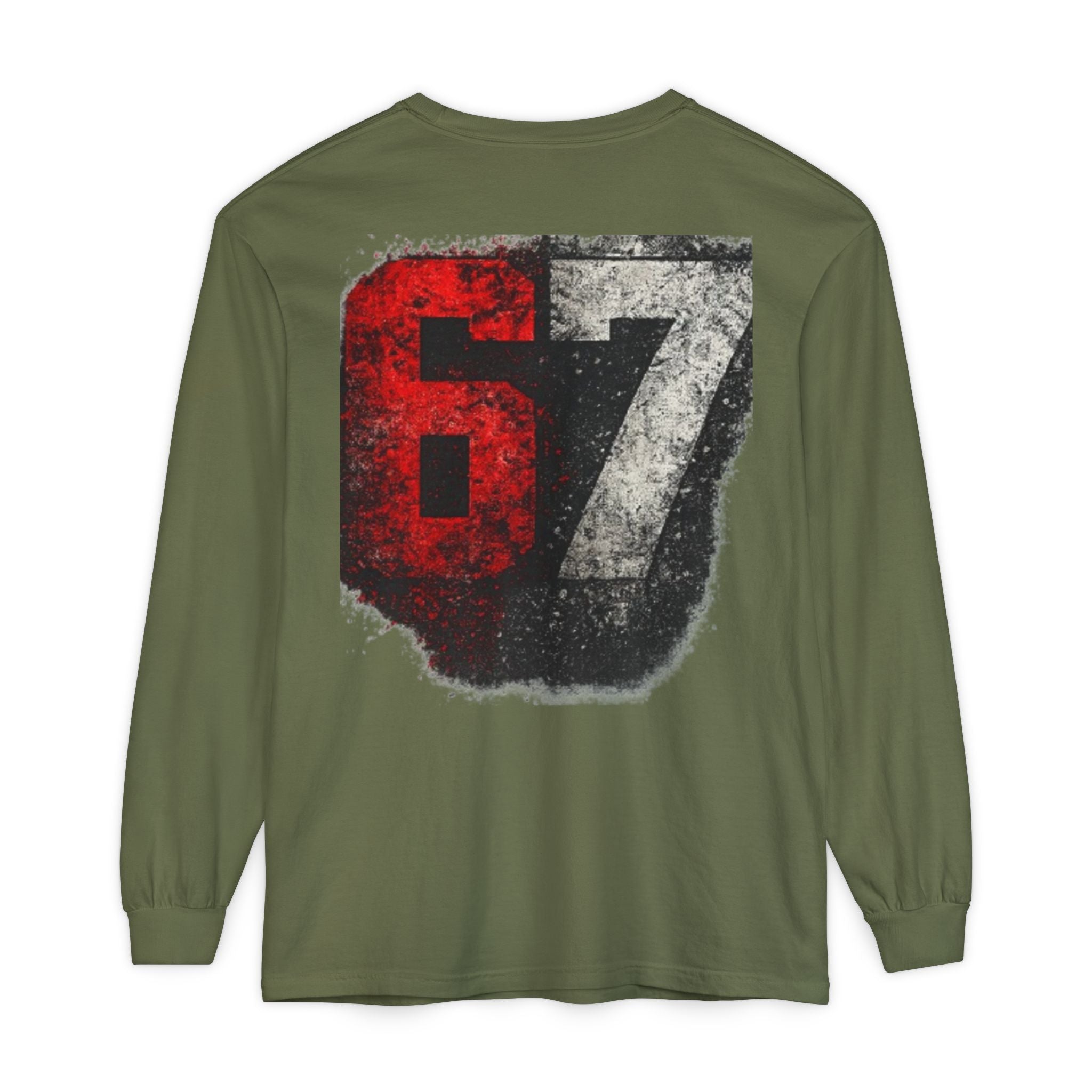 67 Graphic Long Sleeve T-Shirt — Distressed Red & Black Number Backprint