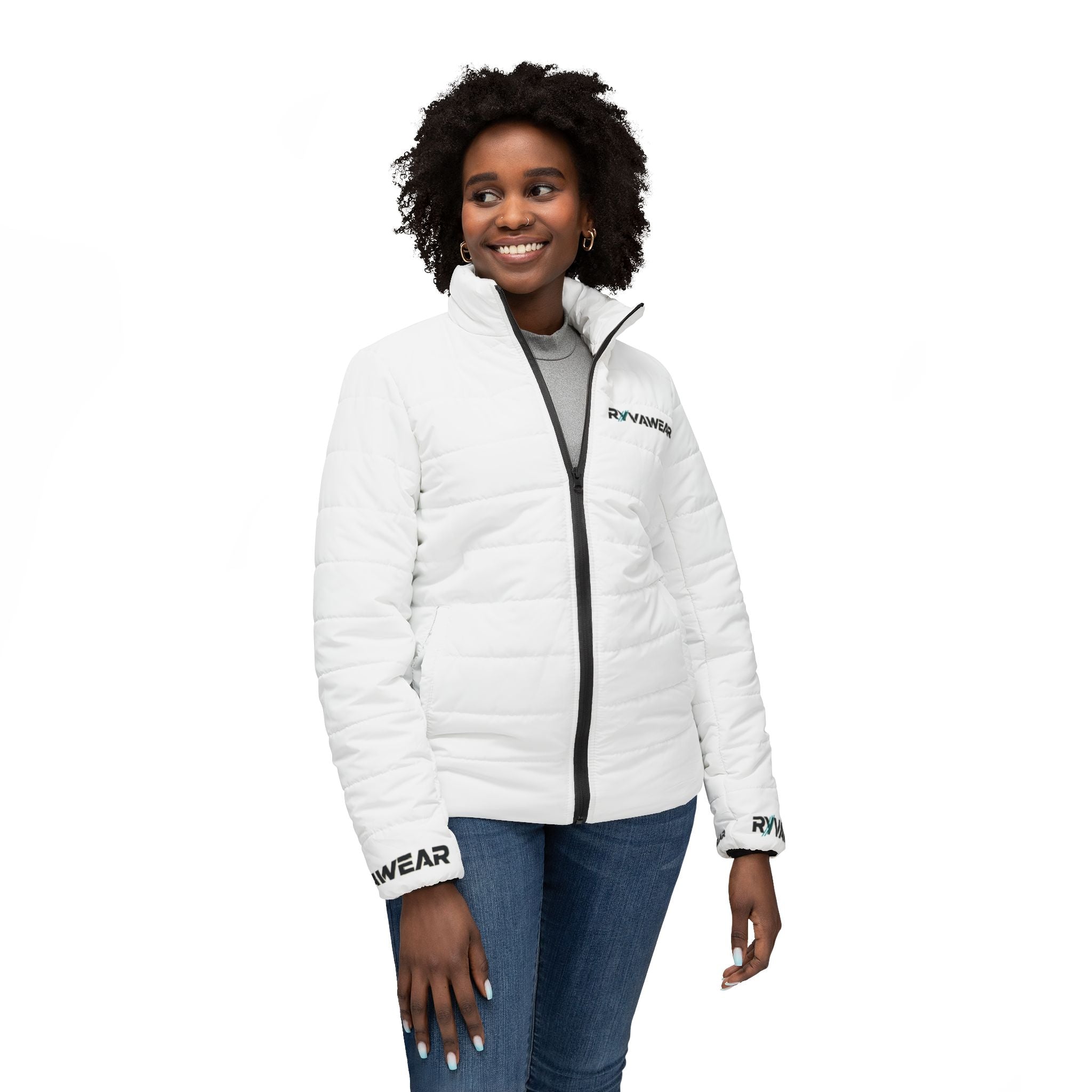 Women’s White Puffer Jacket — Minimal Logo Quilted Winter Coat