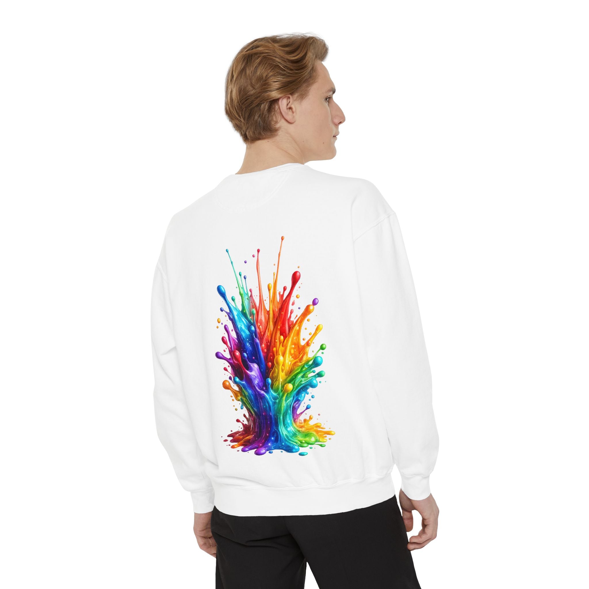 Rainbow Paint Splash Sweatshirt — Colorful Back Graphic Crewneck