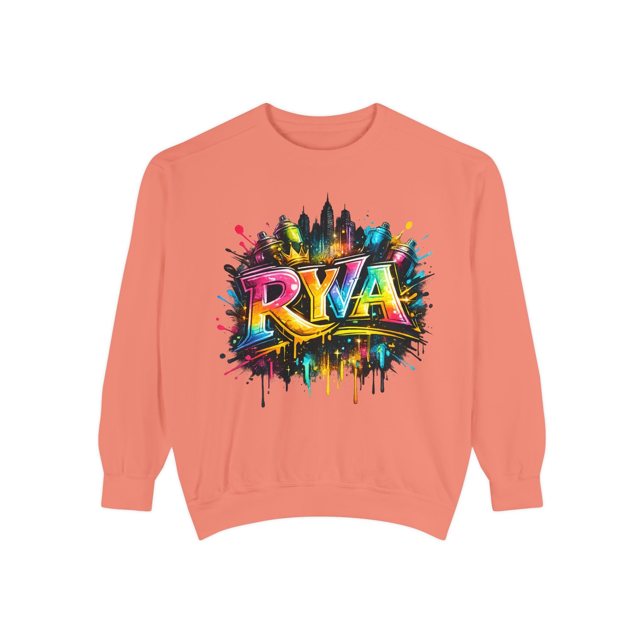 Graffiti Skyline Sweatshirt — Colorful "RYA" Urban Streetwear Crewneck