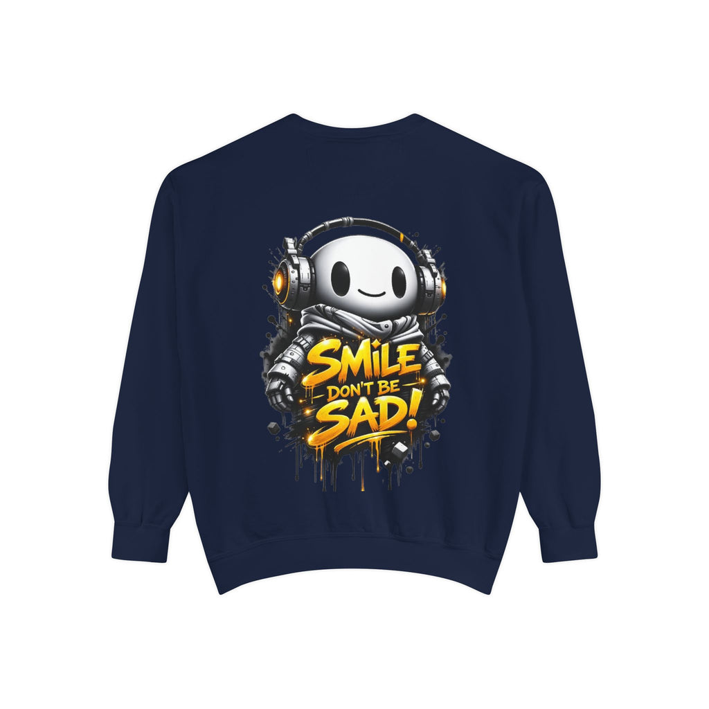 Smile Don't Be Sad Sweatshirt — Cute Headphone Character Graphic Crewneck