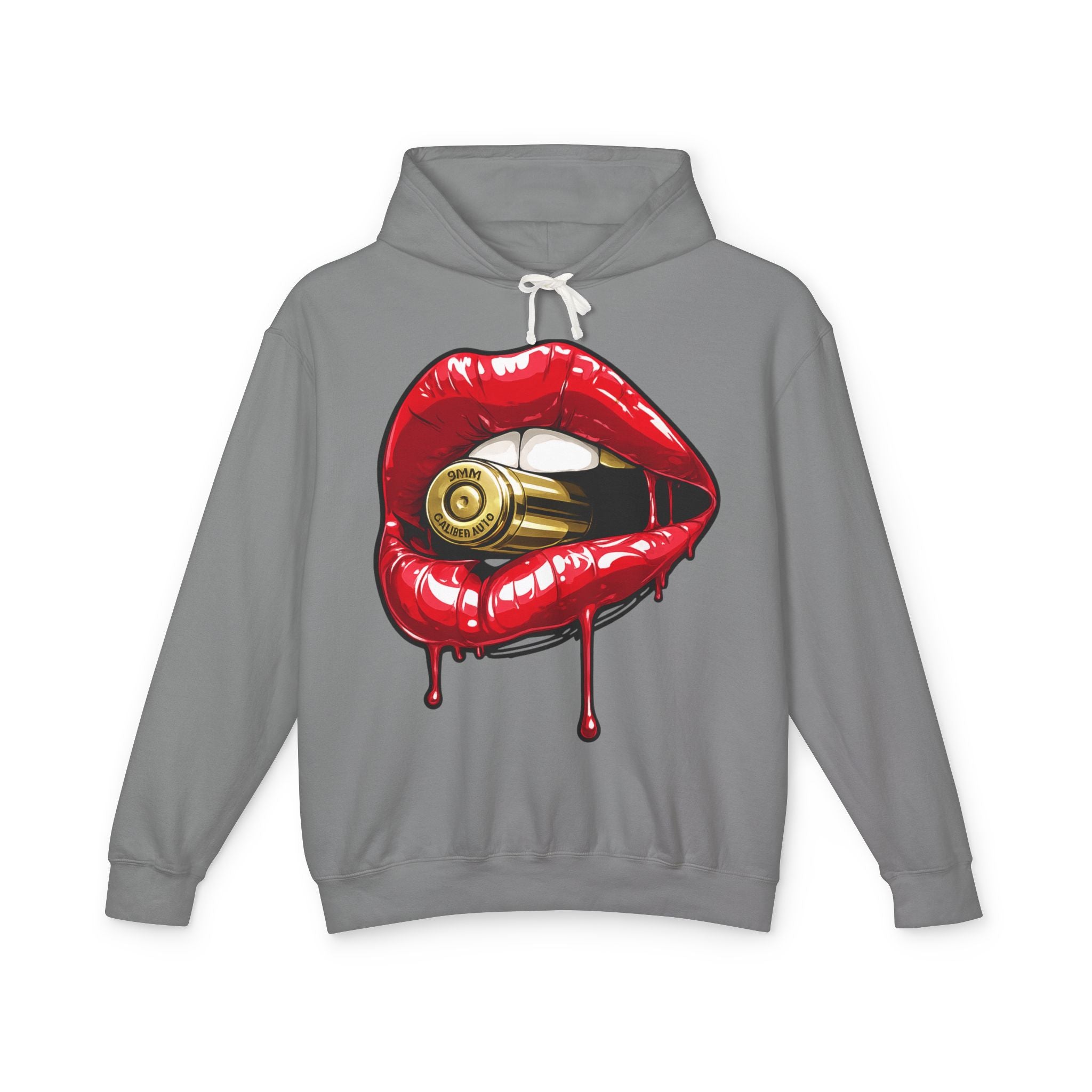 Graphic Hoodie — Red Dripping Lips Holding Bullet Print