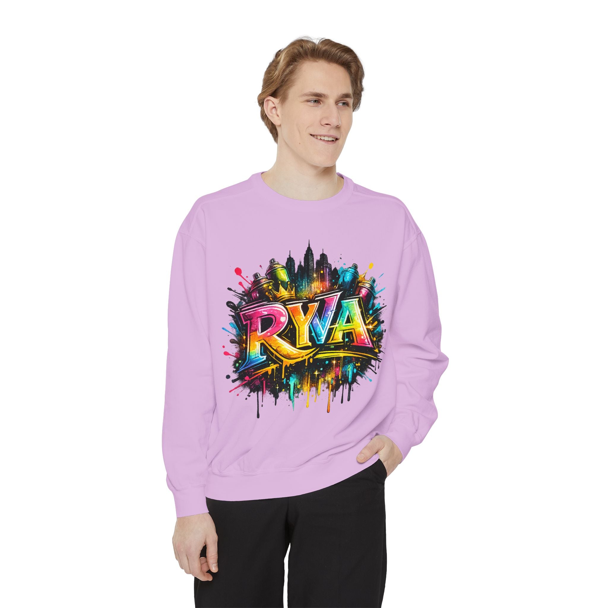 Graffiti Skyline Sweatshirt — Colorful "RYA" Urban Streetwear Crewneck