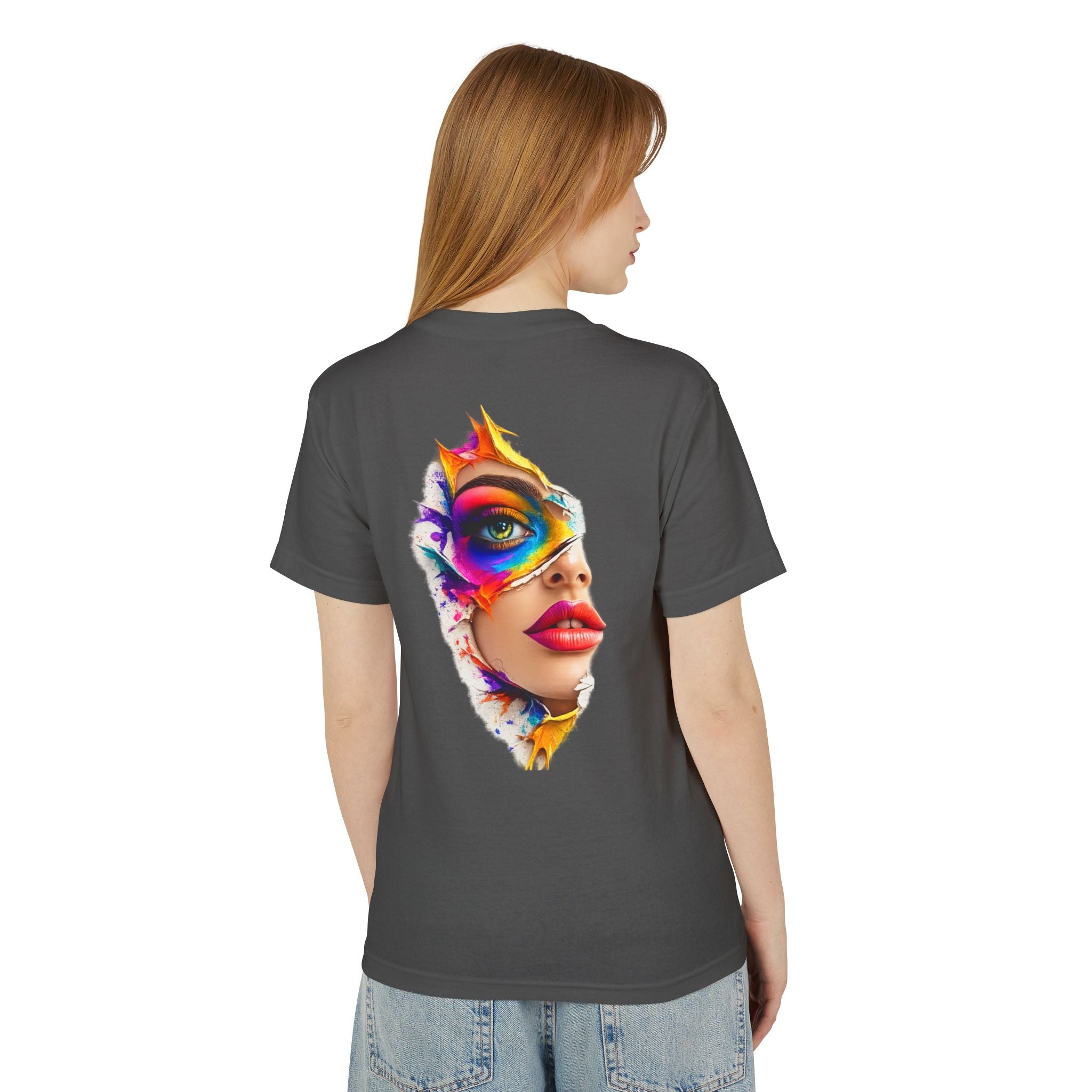 Artistic Masked Face Graphic Tee — Colorful Women's Portrait T-Shirt