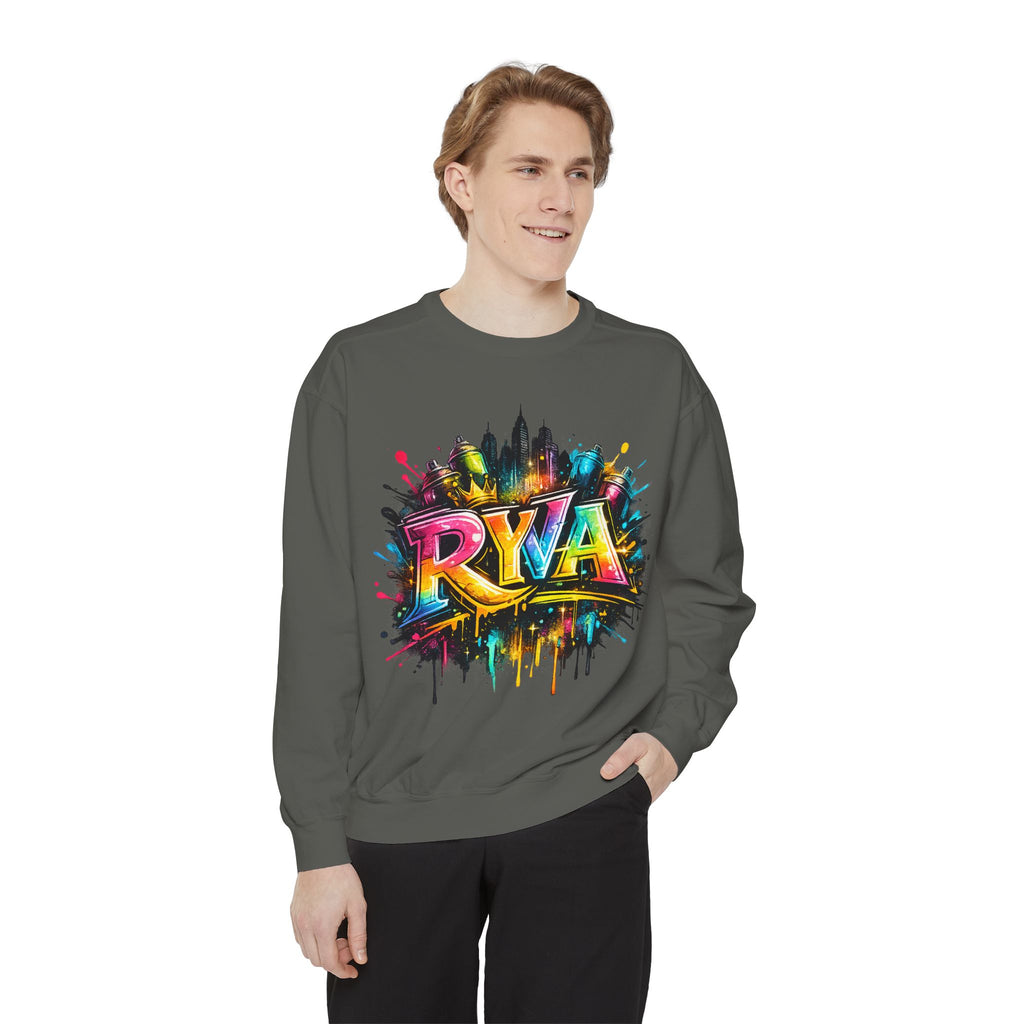 Graffiti Skyline Sweatshirt — Colorful "RYA" Urban Streetwear Crewneck
