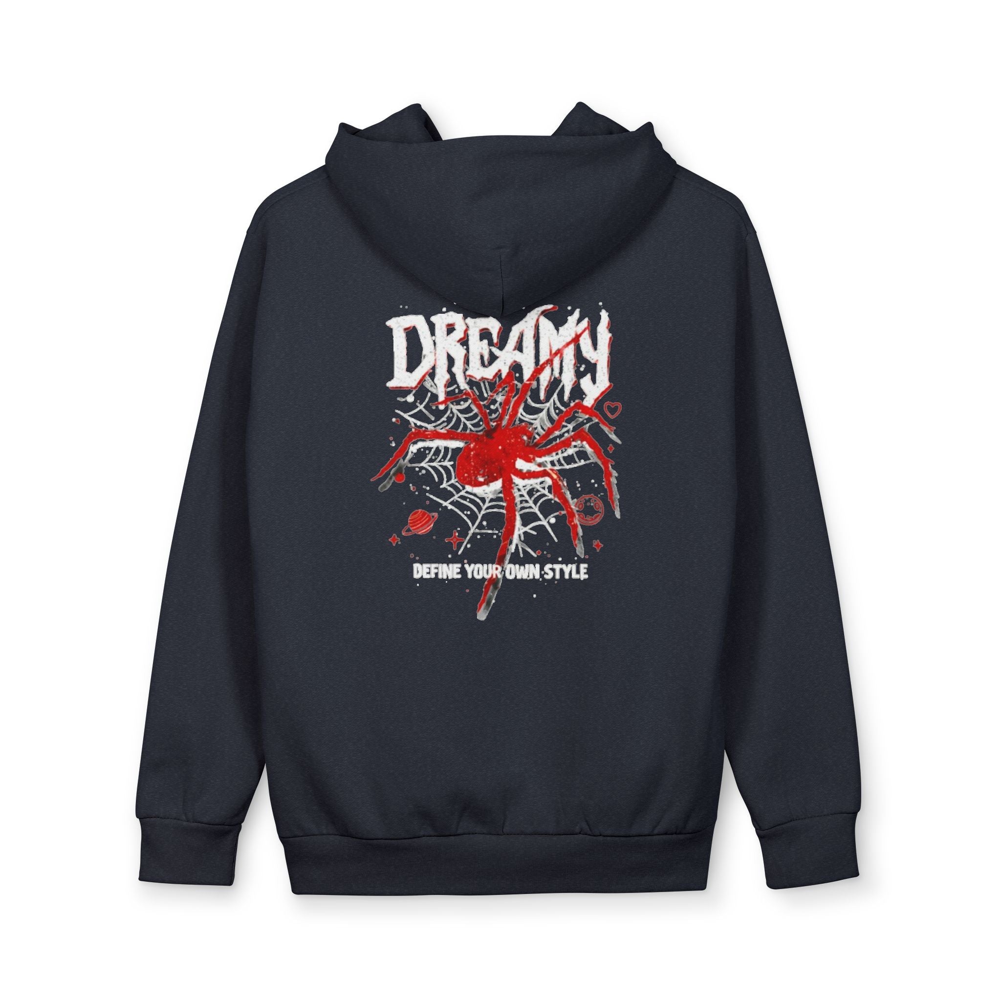 Spider Dream Pullover Hoodie — Red Spider Back Graphic, Minimal Chest Logo
