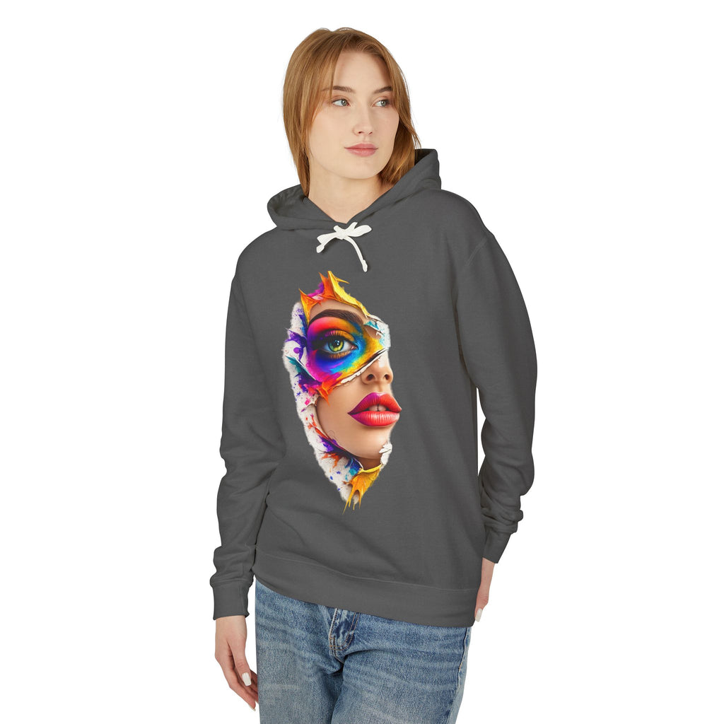 Colorful Masked Woman Art Hoodie — Vibrant Abstract Face Print