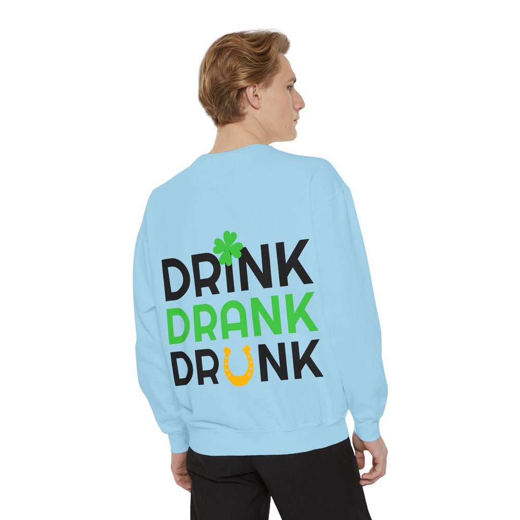 Drink Drank Drunk Sweatshirt — St. Patrick’s Day Shamrock & Horseshoe Crewneck