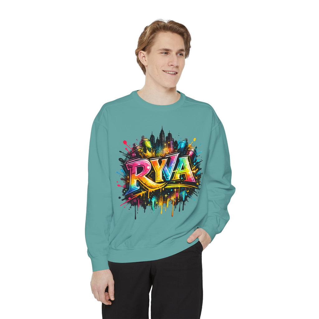 Graffiti Skyline Sweatshirt — Colorful "RYA" Urban Streetwear Crewneck