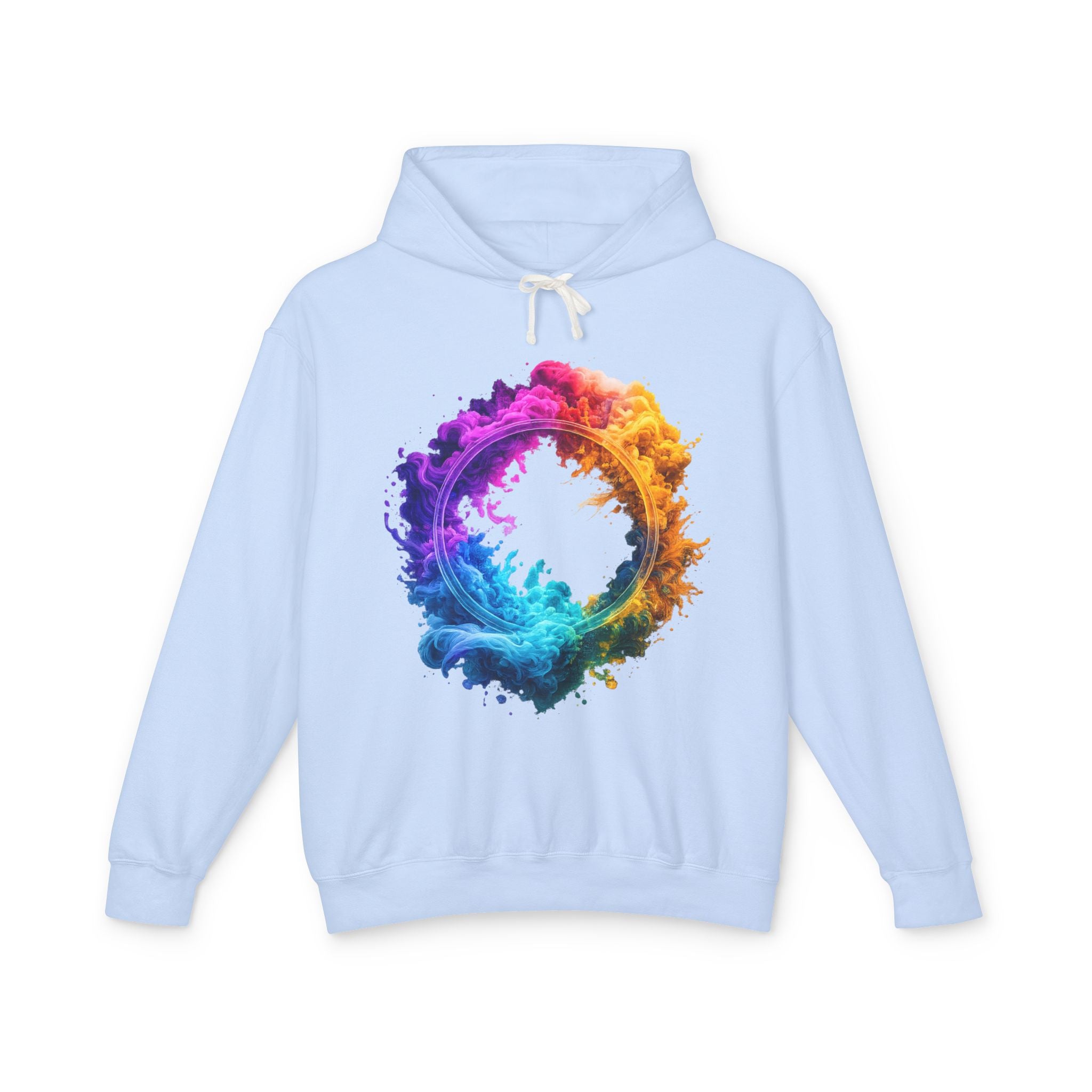 Color Burst Circle Hoodie — Vibrant Rainbow Splash Graphic Sweatshirt