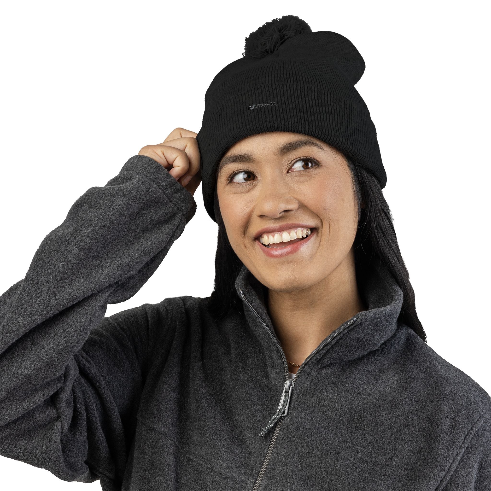 Embroidered Pom-Pom Knit Cap — Cozy Winter Beanie with Fold-Over Cuff