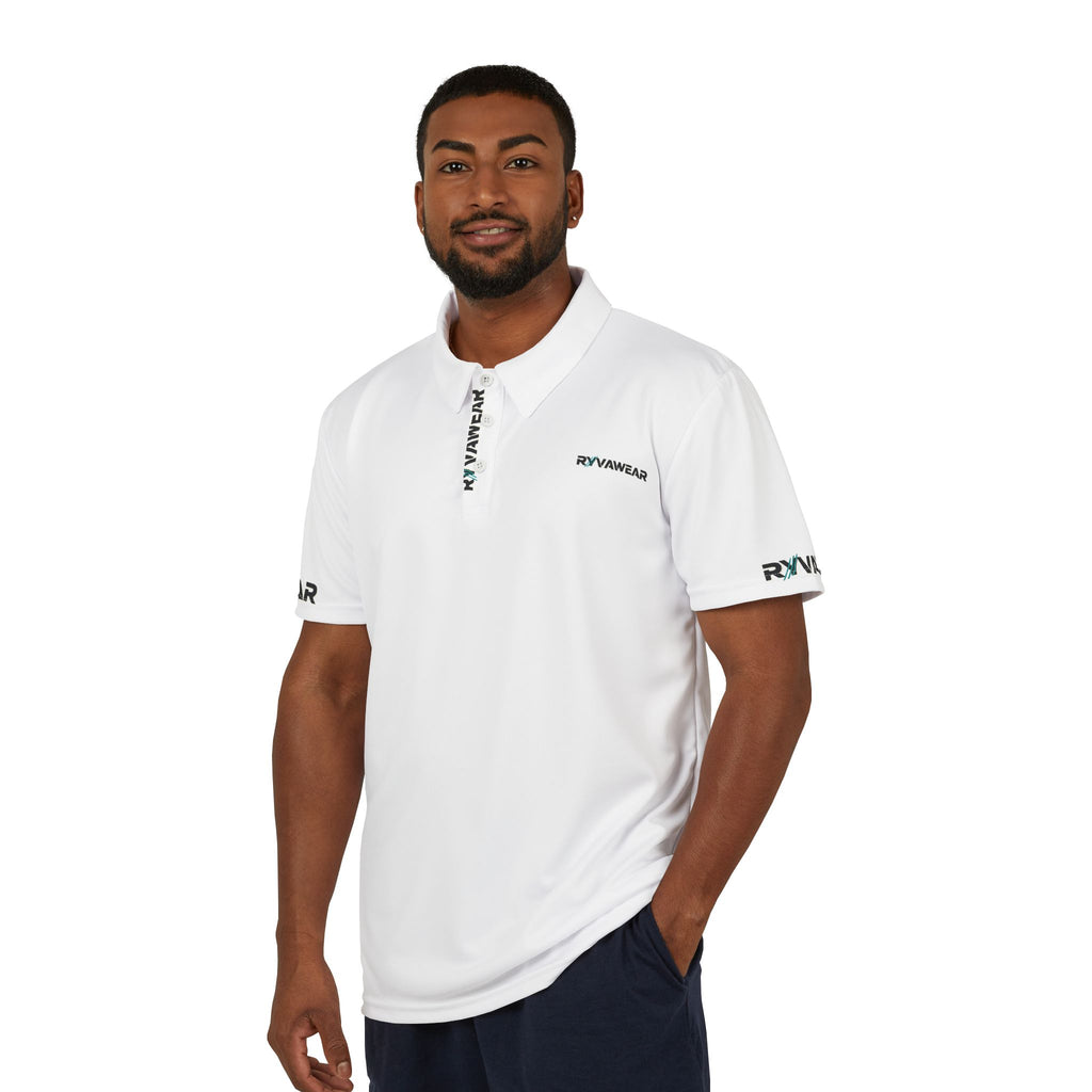 Minimal Logo Polo Shirt — White Performance Polo with 'RVNWEAR' Sleeve Branding