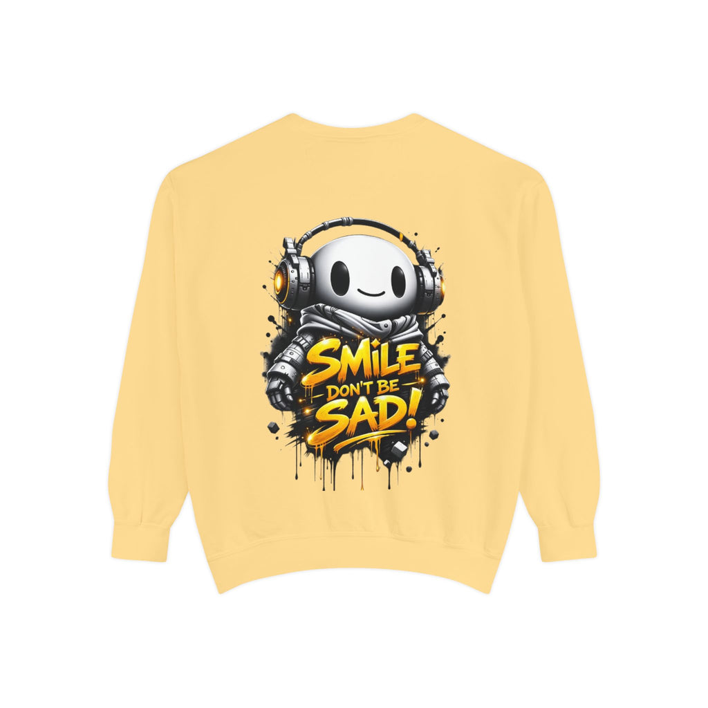 Smile Don't Be Sad Sweatshirt — Cute Headphone Character Graphic Crewneck