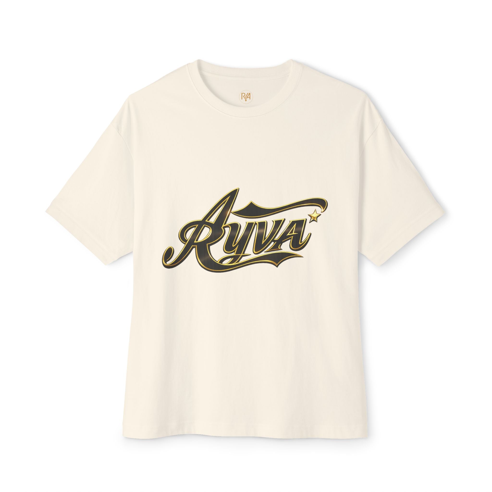 Ayva Script Logo Tee — Oversized Boxy White T‑Shirt with Gold Accent