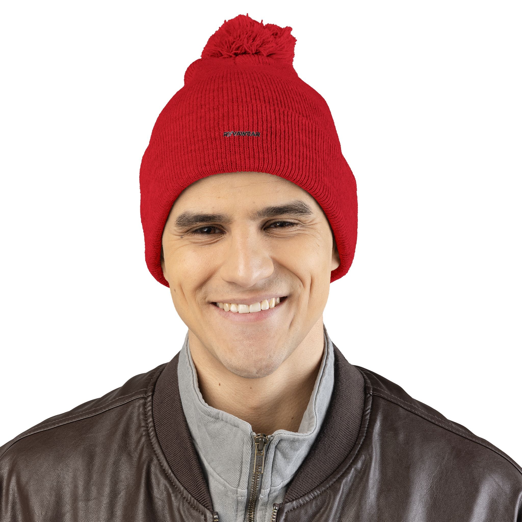 Embroidered Pom-Pom Knit Cap — Cozy Winter Beanie with Fold-Over Cuff