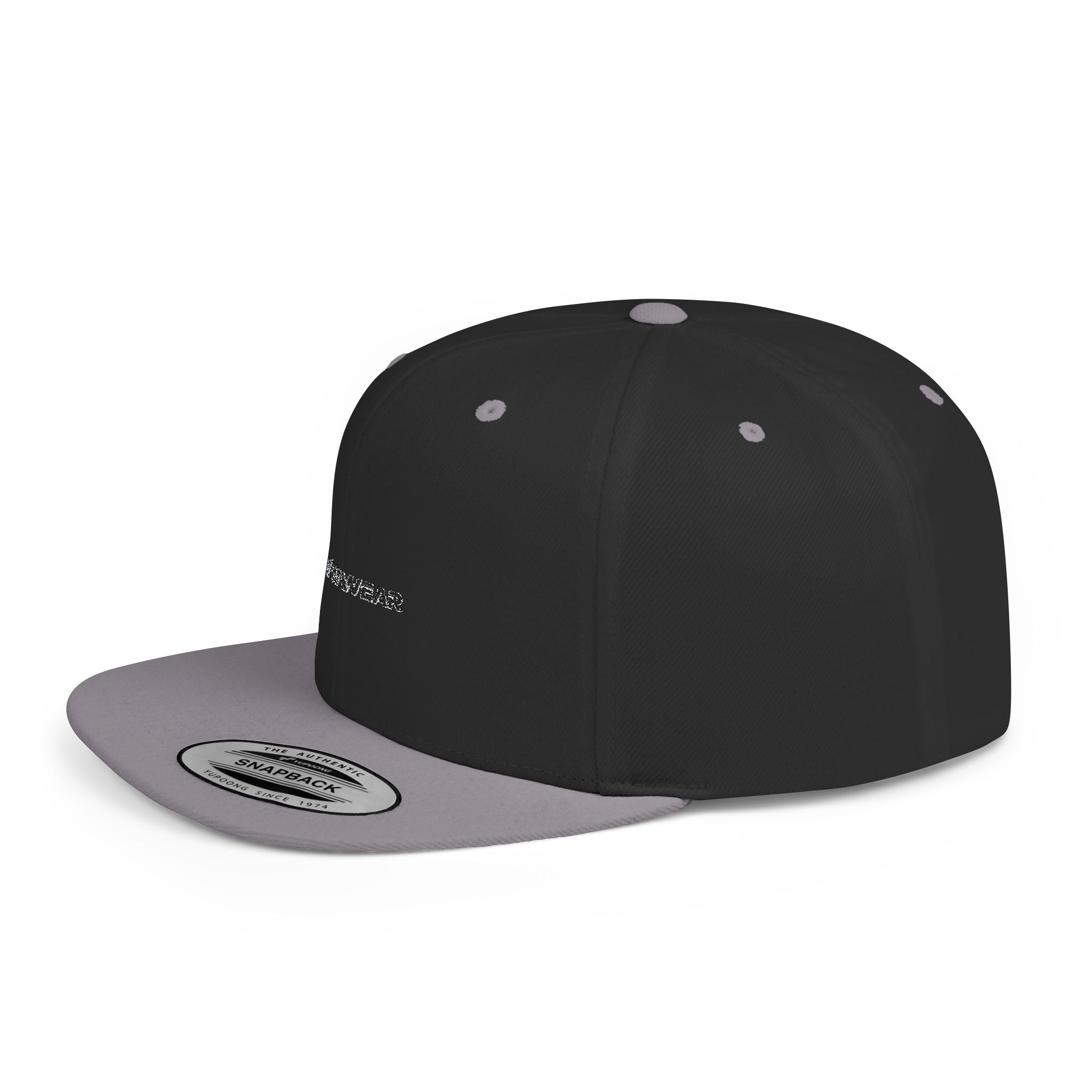 White Flat Bill Snapback Hat with Minimal Text Patch - 'RYVANTAR'
